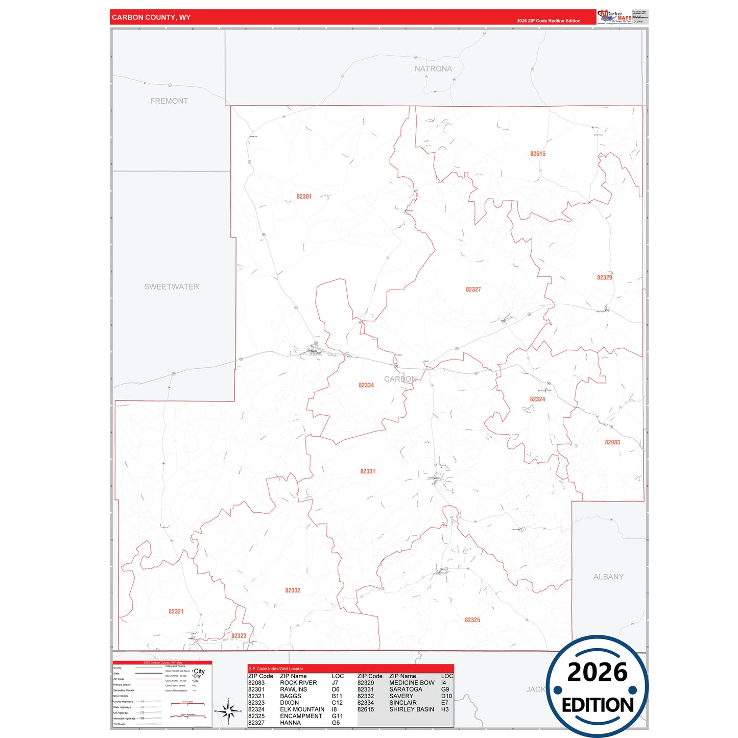 Carbon County, WY Red Line 5 Digit ZIP Code Wall Map