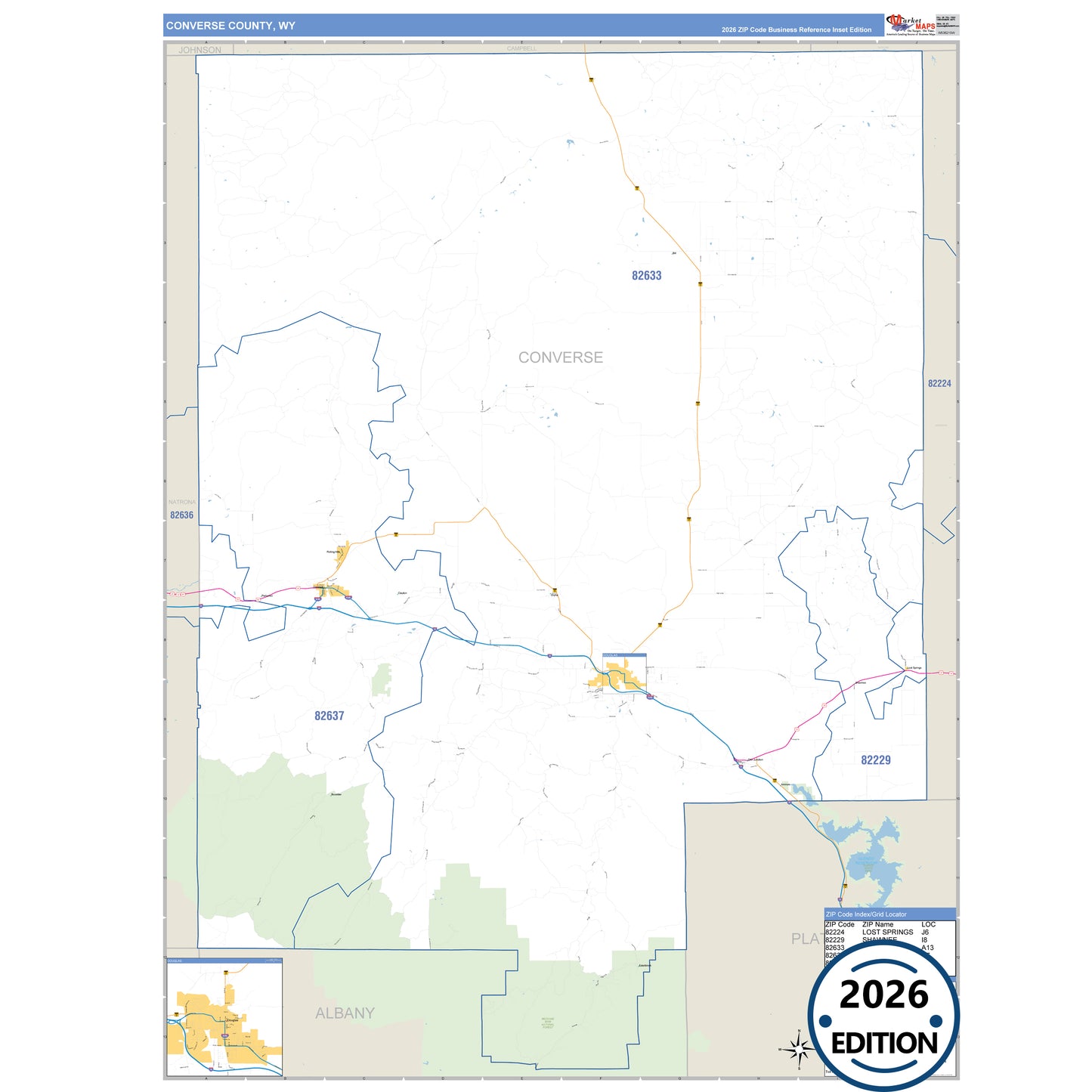 Converse County, WY Business Reference 5 Digit ZIP Code Wall Map