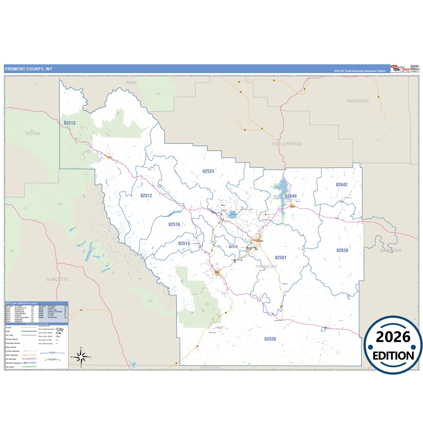 Fremont County, WY Business Reference 5 Digit ZIP Code Wall Map