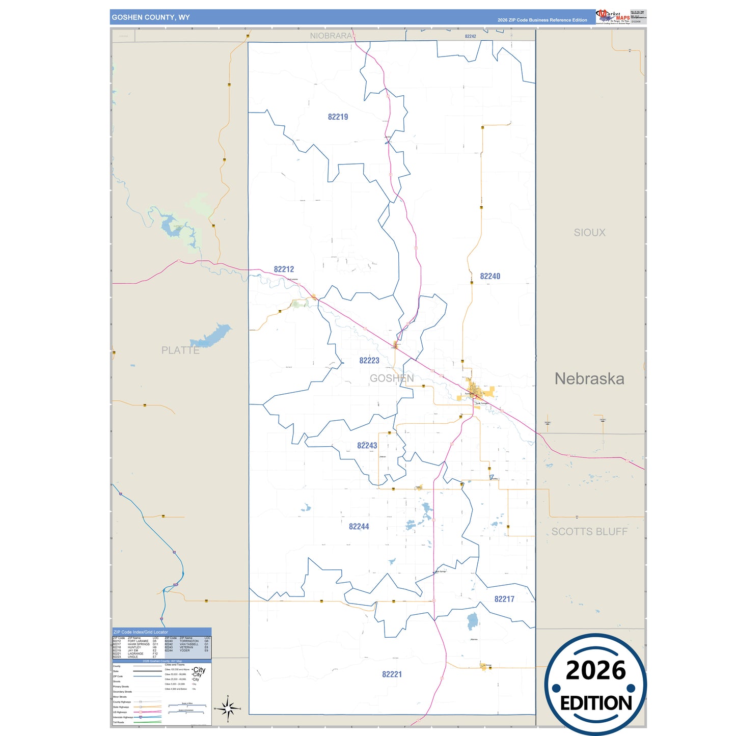 Goshen County, WY Business Reference 5 Digit ZIP Code Wall Map