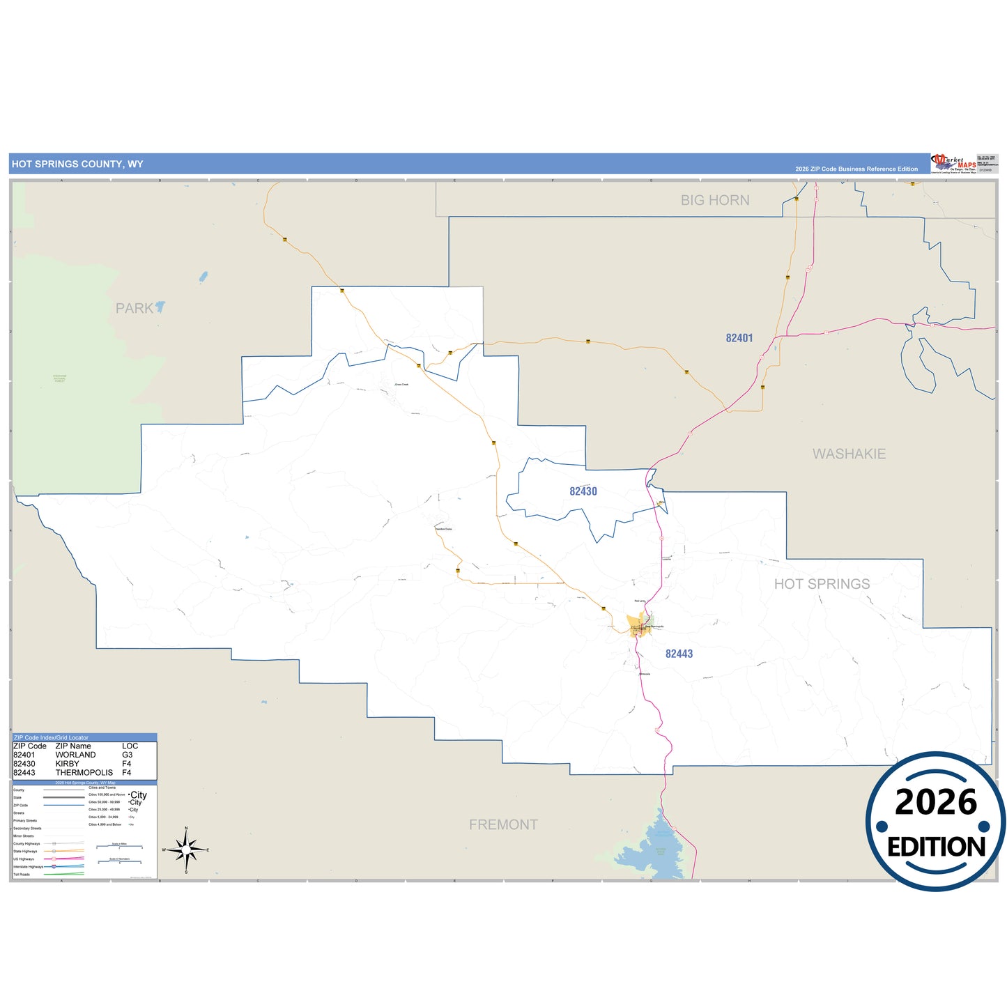 Hot Springs County, WY Business Reference 5 Digit ZIP Code Wall Map