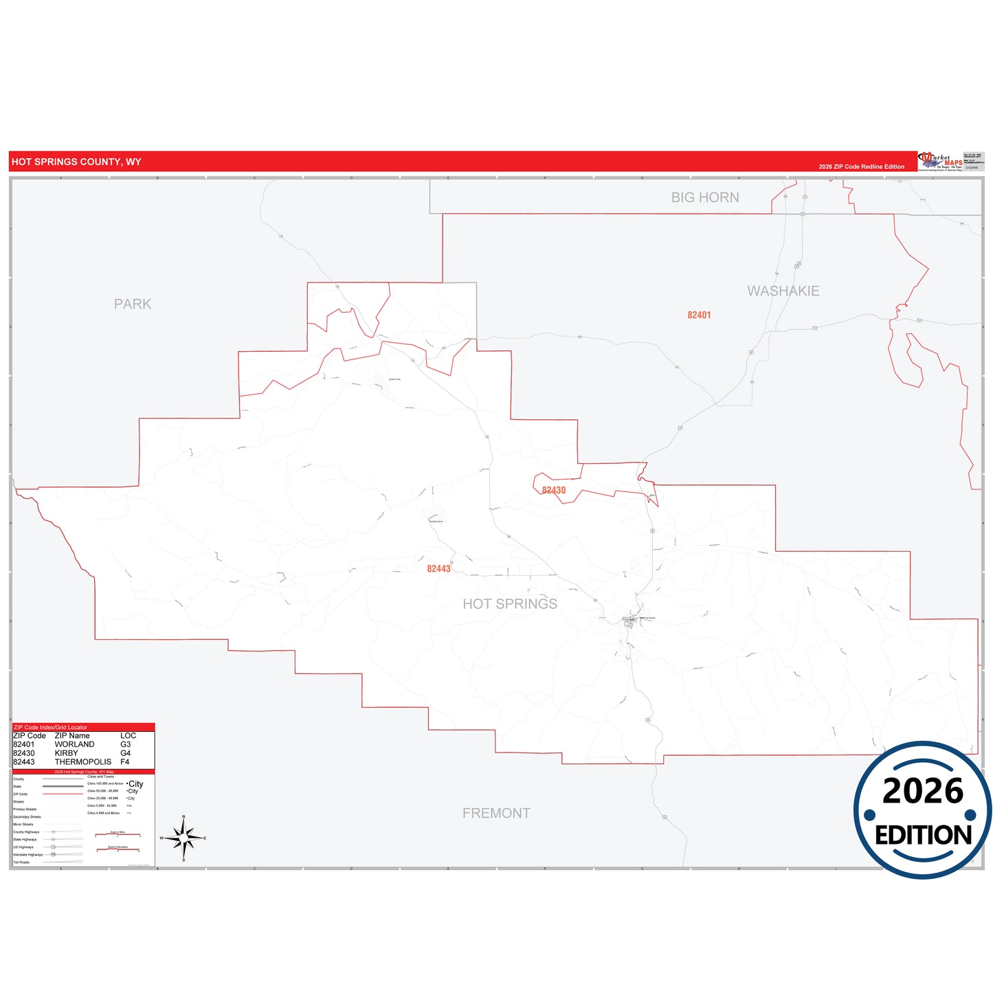 Hot Springs County, WY Red Line 5 Digit ZIP Code Wall Map