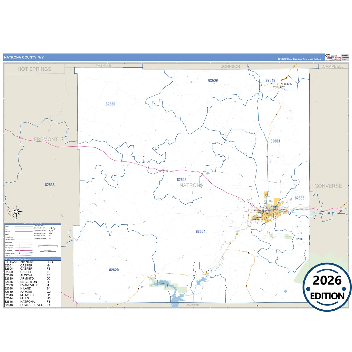 Natrona County, WY Business Reference 5 Digit ZIP Code Wall Map
