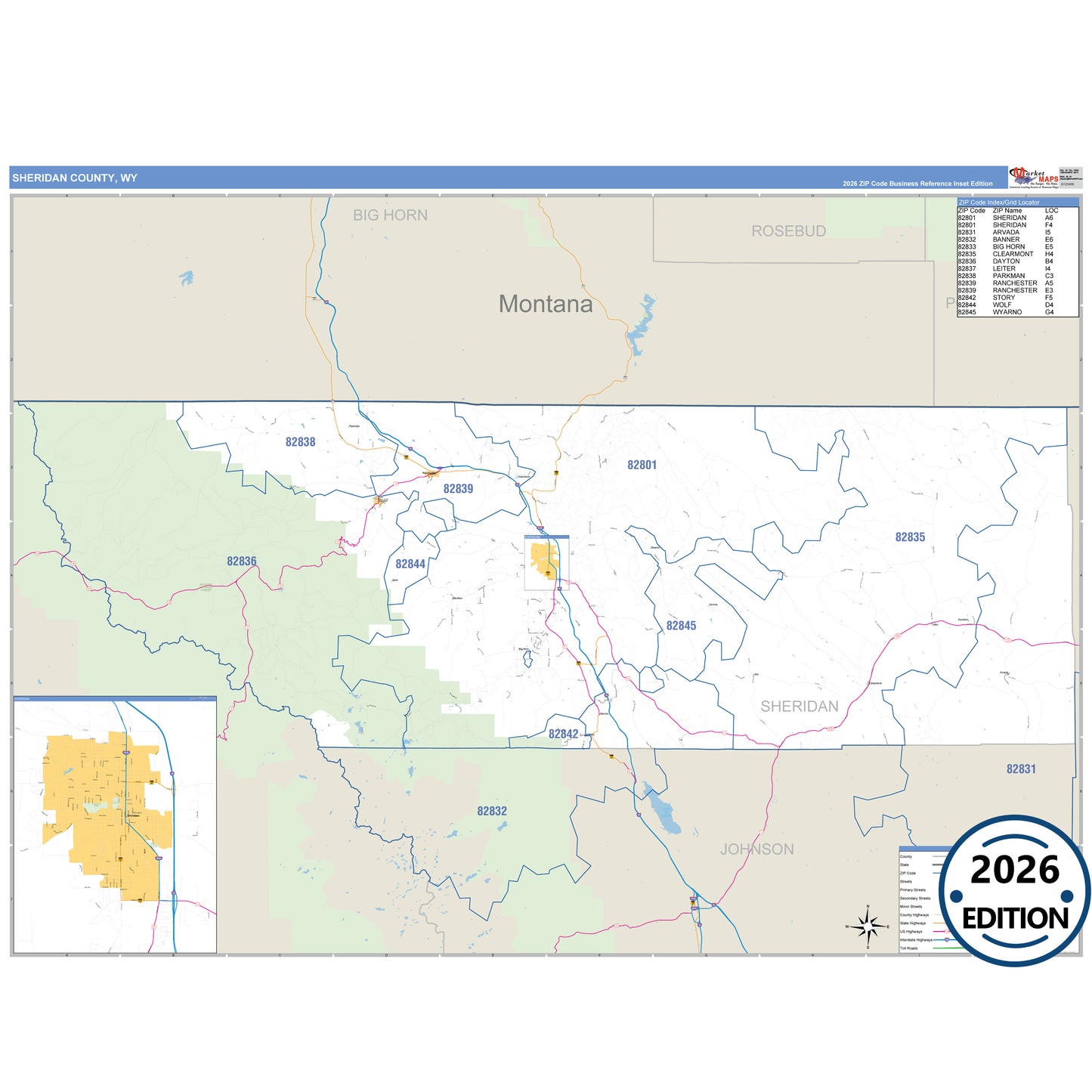 Sheridan County, WY Business Reference 5 Digit ZIP Code Wall Map