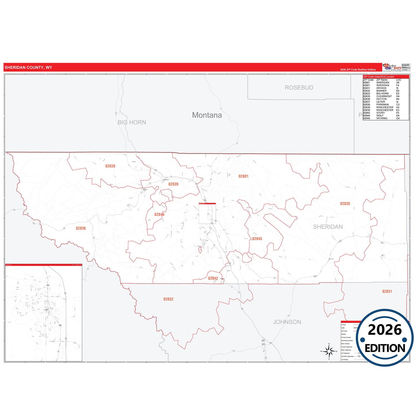 Sheridan County, WY Red Line 5 Digit ZIP Code Wall Map