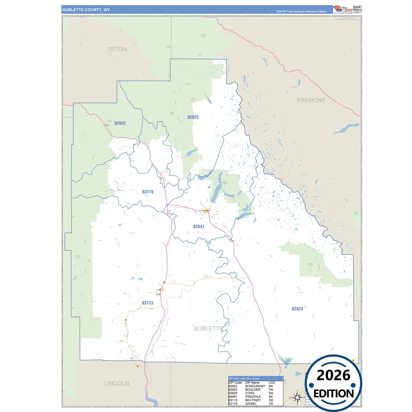 Sublette County, WY Business Reference 5 Digit ZIP Code Wall Map