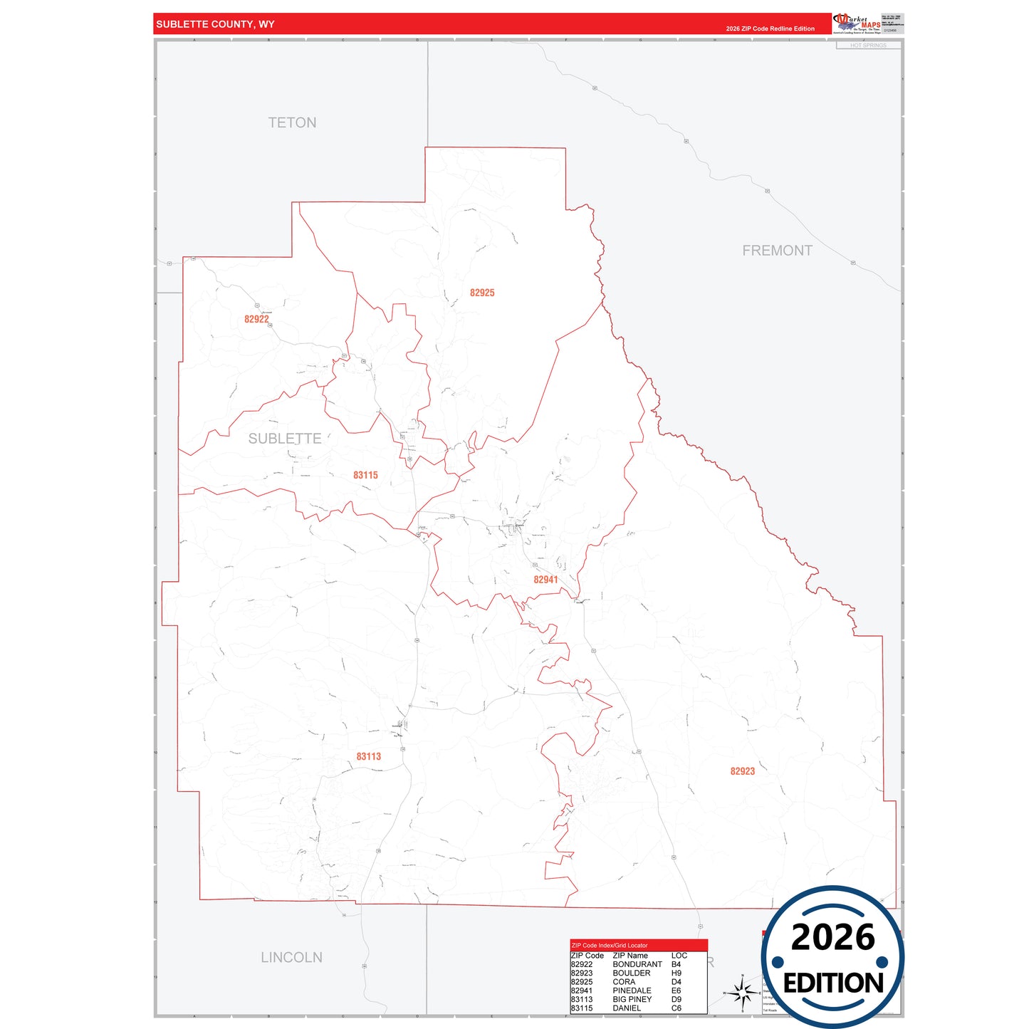 Sublette County, WY Red Line 5 Digit ZIP Code Wall Map