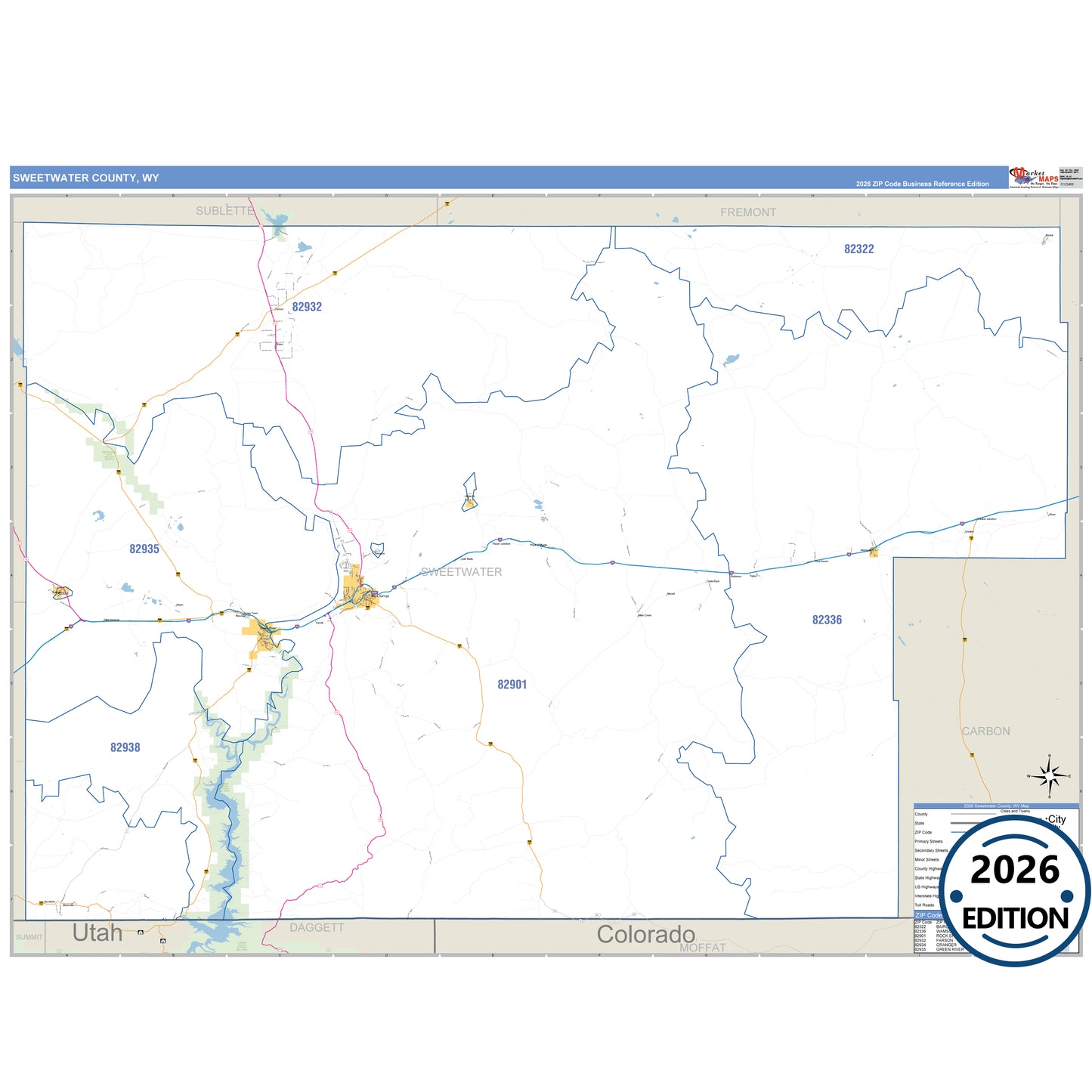 Sweetwater County, WY Business Reference 5 Digit ZIP Code Wall Map