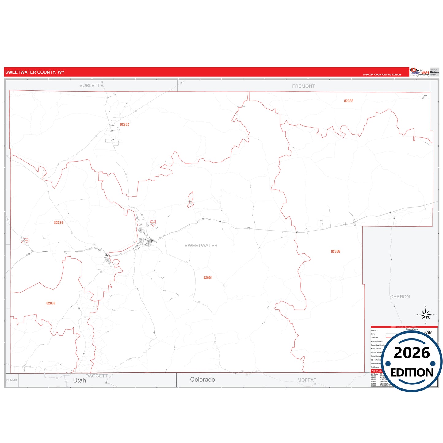 Sweetwater County, WY Red Line 5 Digit ZIP Code Wall Map