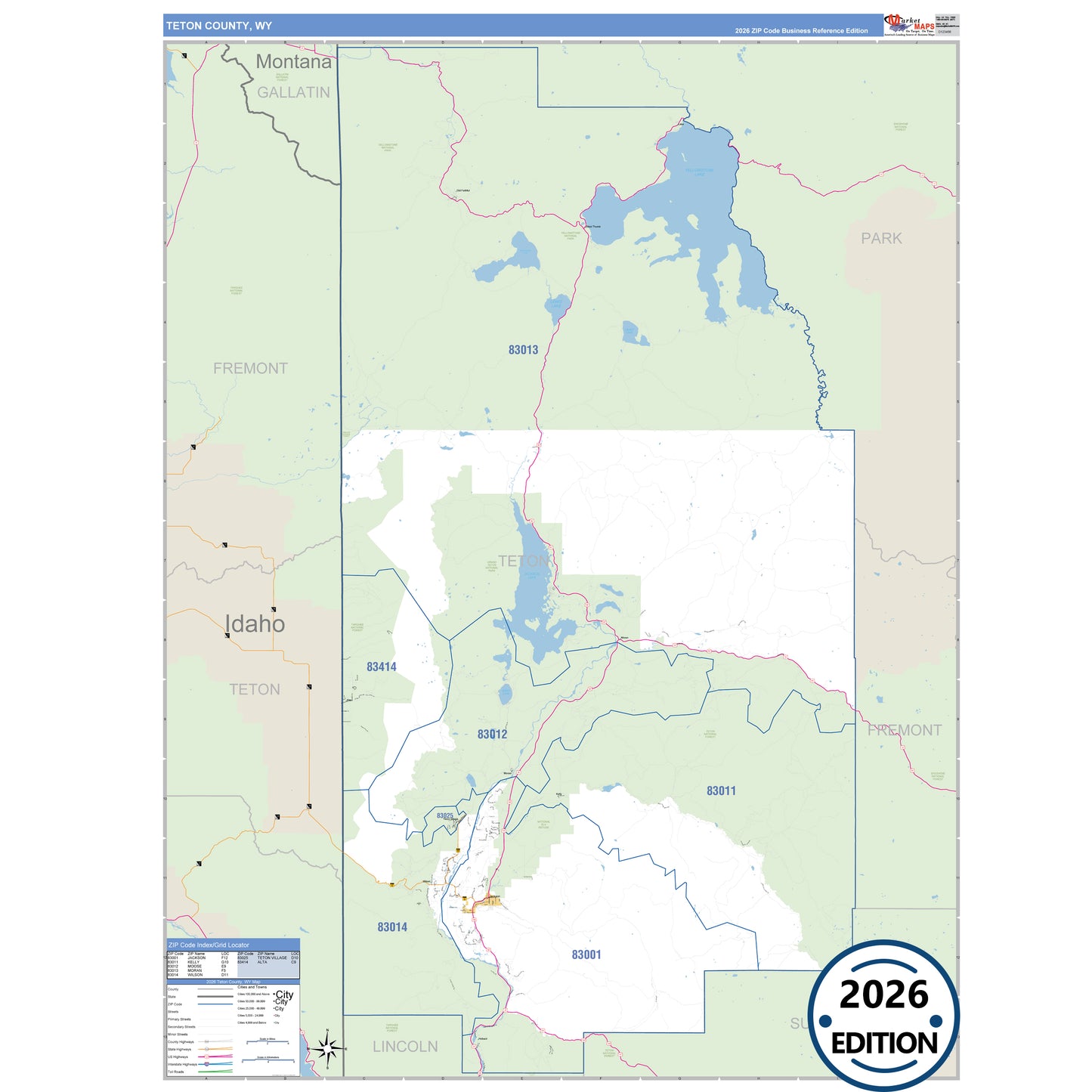Teton County, WY Business Reference 5 Digit ZIP Code Wall Map