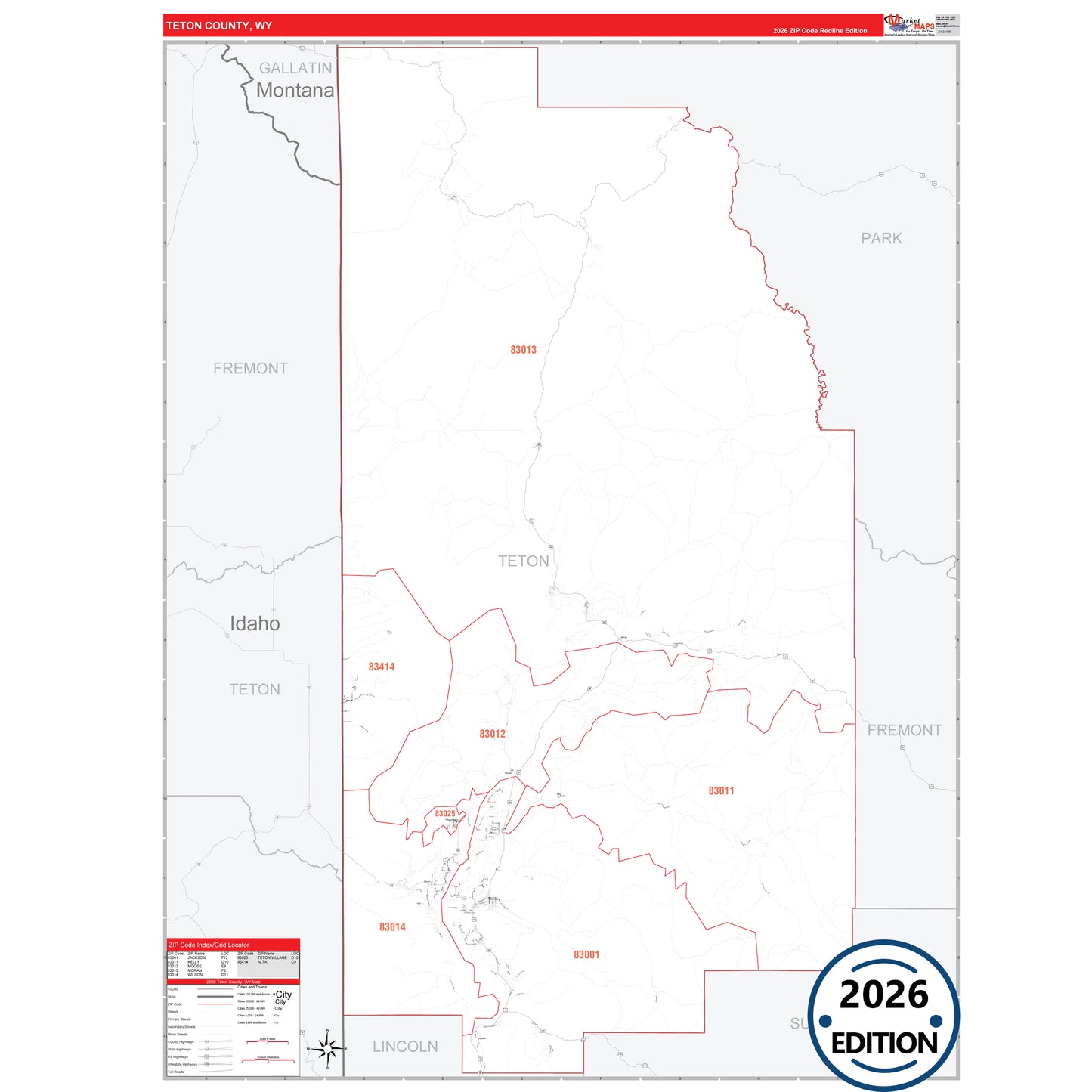 Teton County, WY Red Line 5 Digit ZIP Code Wall Map