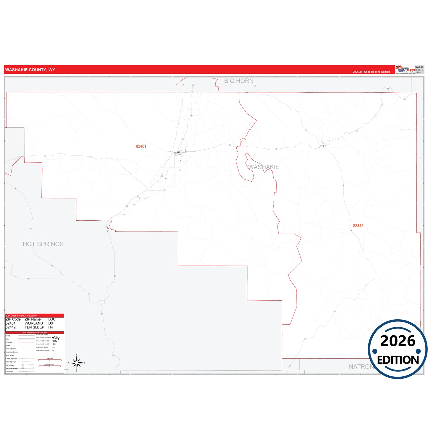 Washakie County, WY Red Line 5 Digit ZIP Code Wall Map