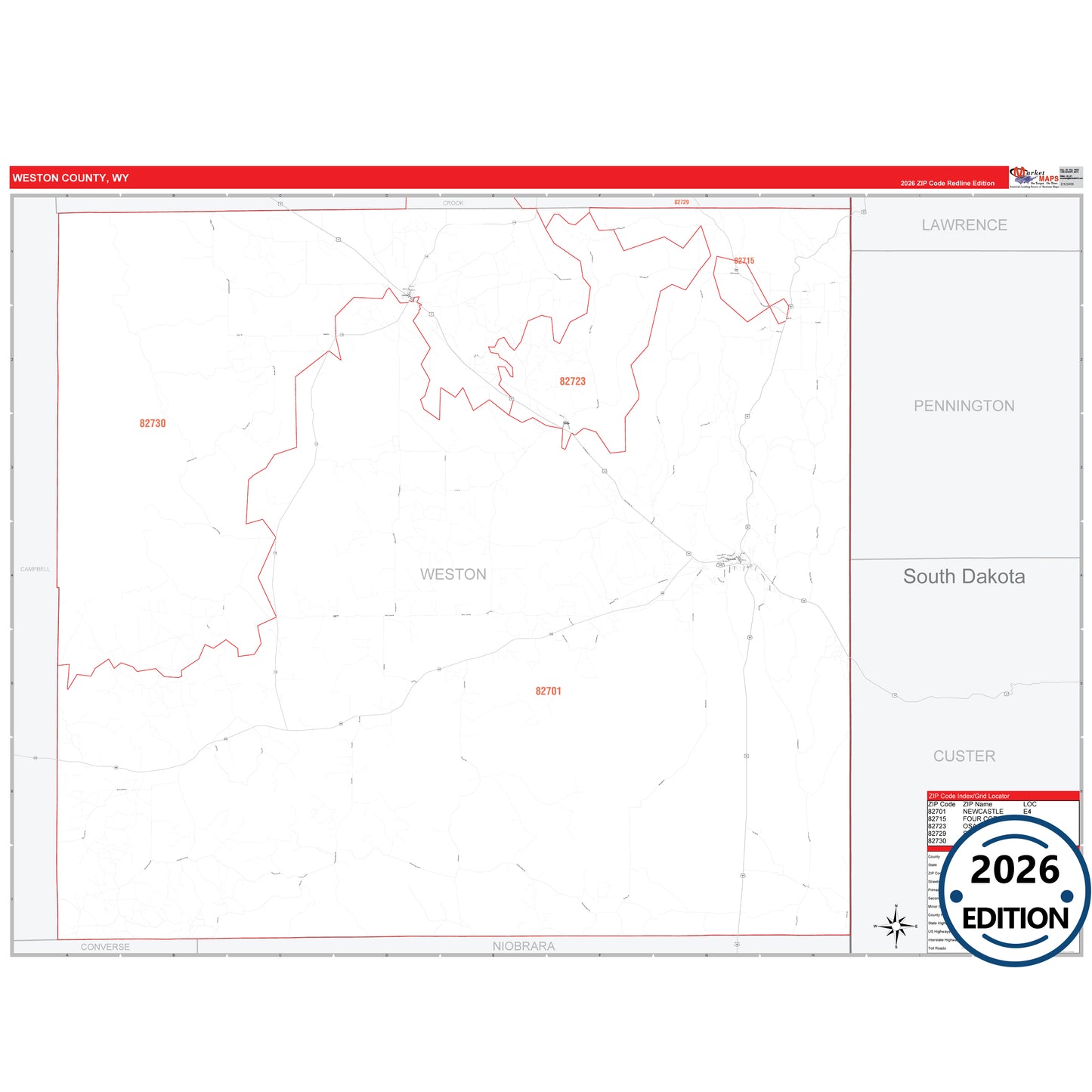 Weston County, WY Red Line 5 Digit ZIP Code Wall Map