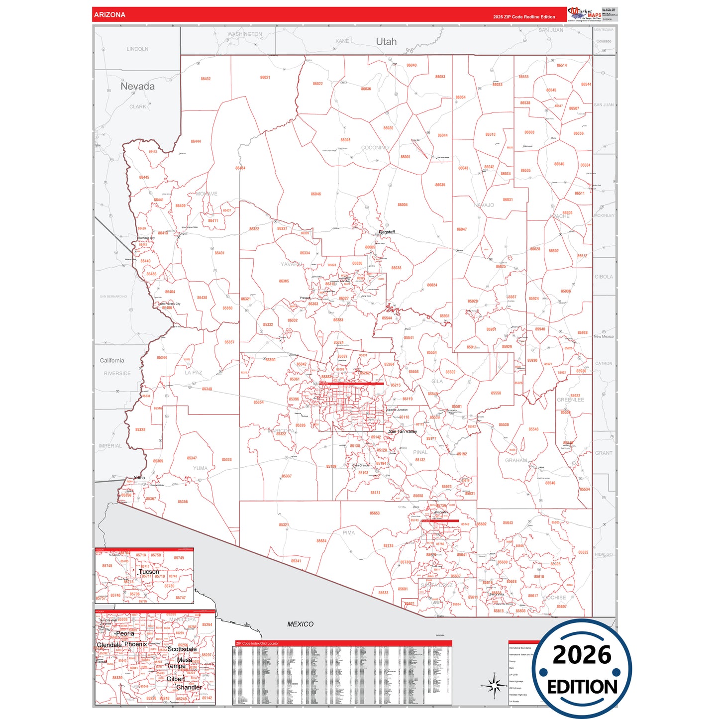 Arizona Red Line 5 Digit ZIP Code Wall Map