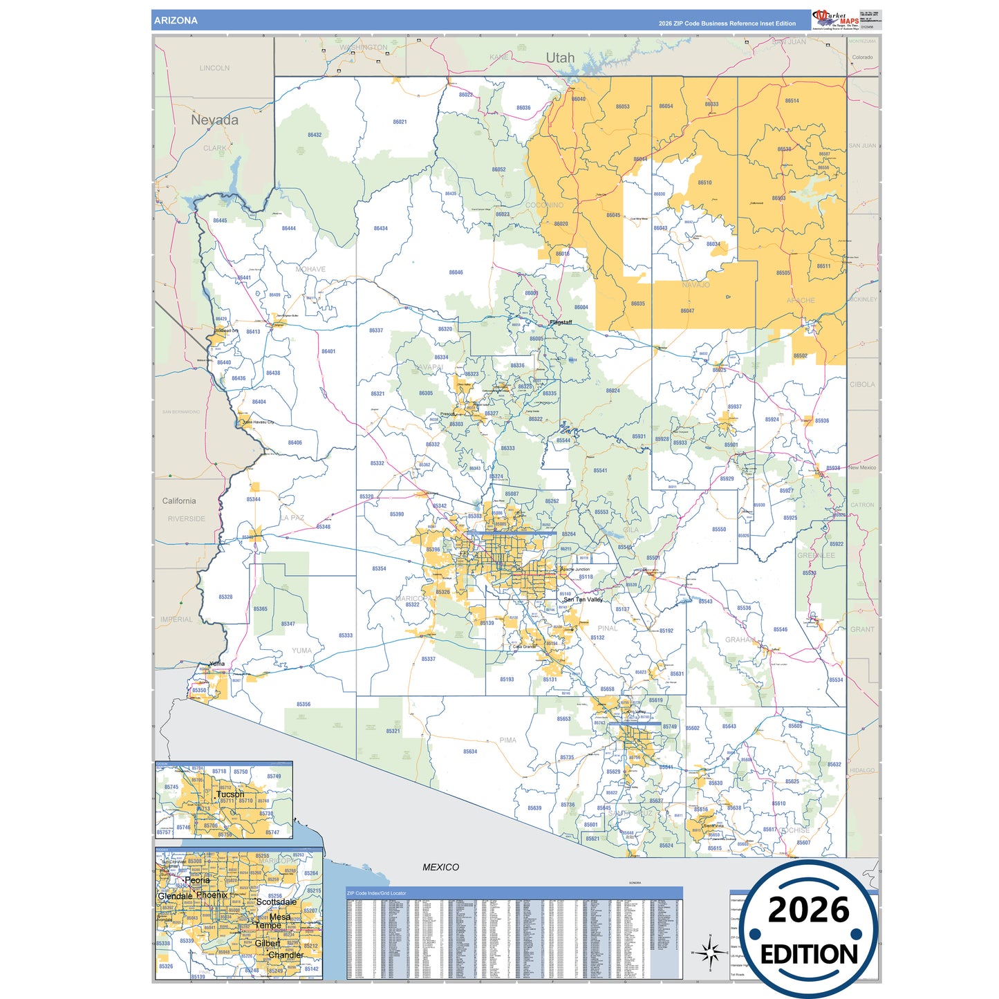 Arizona Business Reference 5 Digit ZIP Code Wall Map