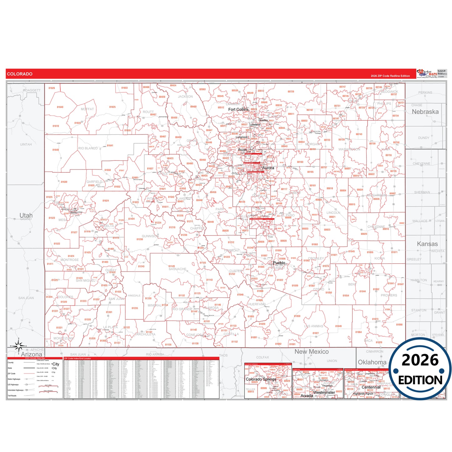 Colorado Red Line 5 Digit ZIP Code Wall Map