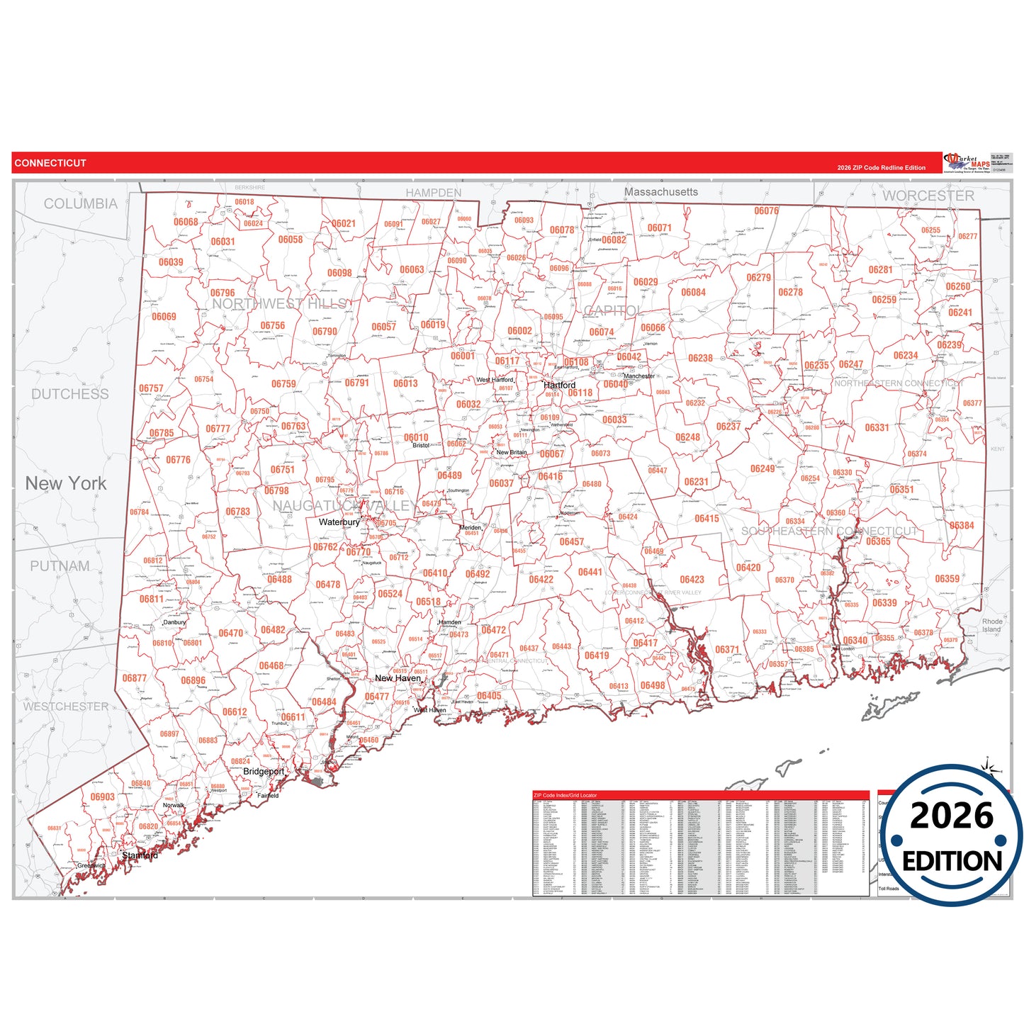 Connecticut Red Line 5 Digit ZIP Code Wall Map