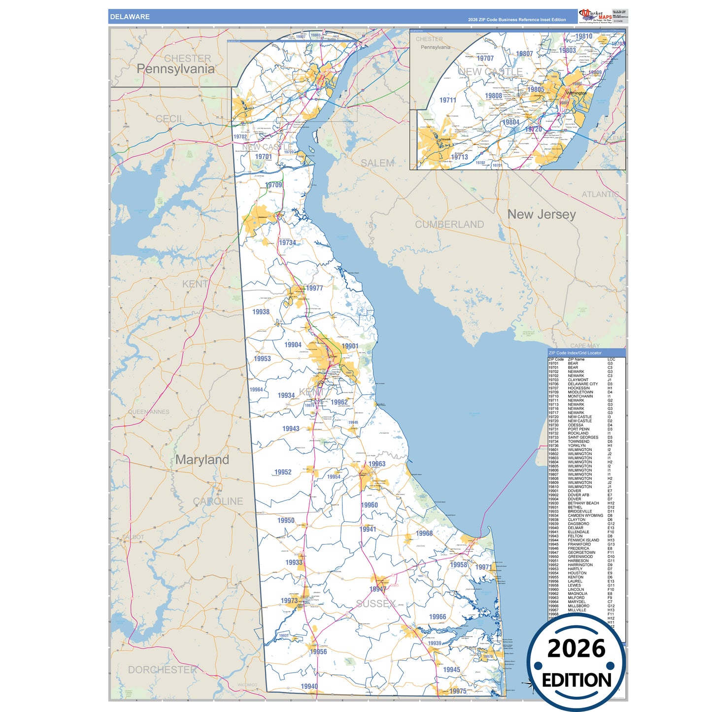 Delaware Business Reference 5 Digit ZIP Code Wall Map
