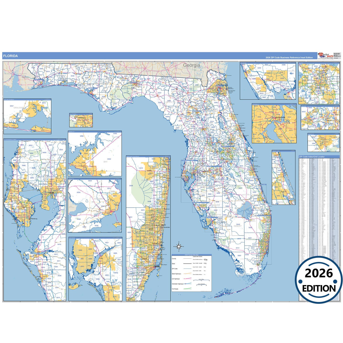 Florida Business Reference 5 Digit ZIP Code Wall Map