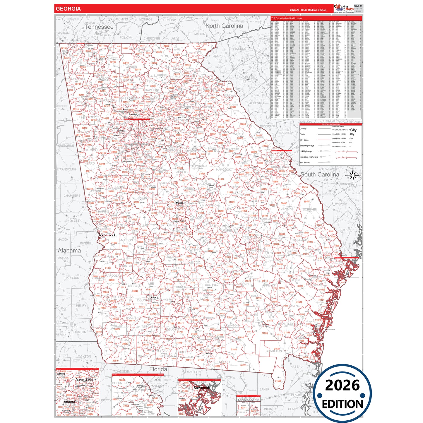 Georgia Red Line 5 Digit ZIP Code Wall Map