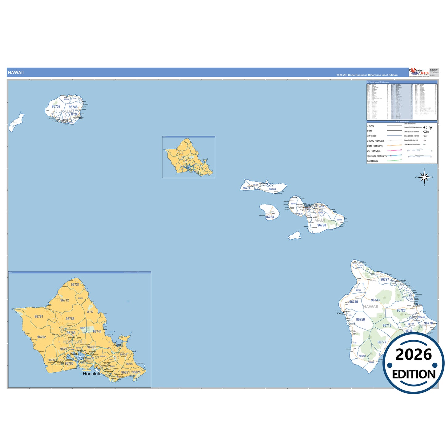 Hawaii Business Reference 5 Digit ZIP Code Wall Map