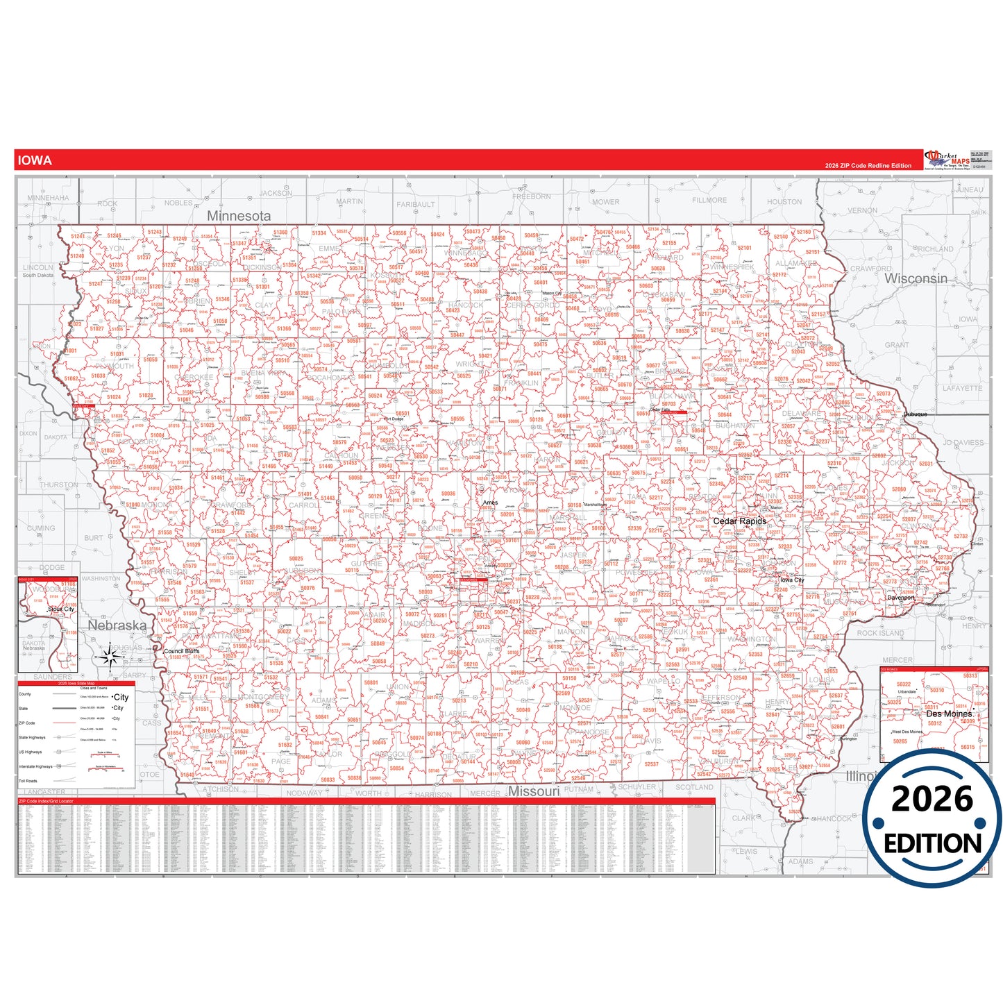 Iowa Red Line 5 Digit ZIP Code Wall Map
