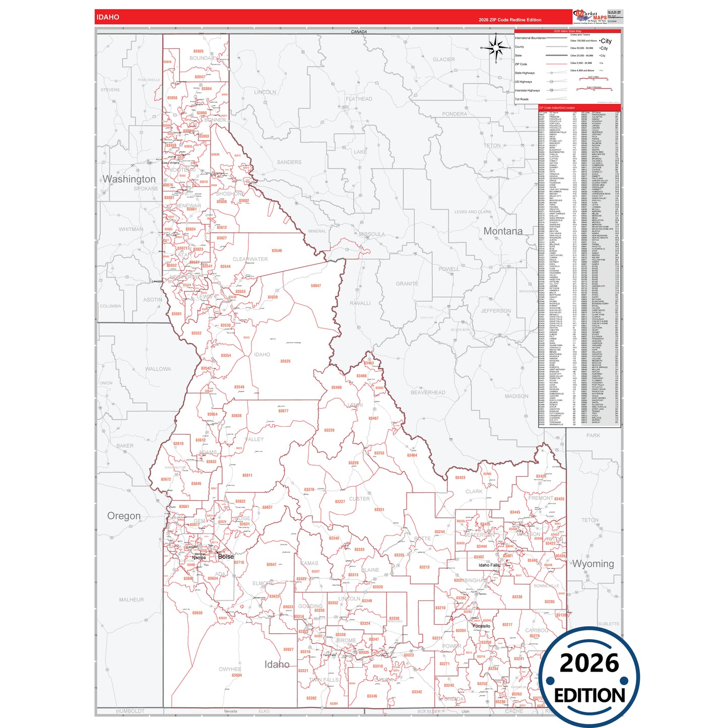 Idaho Red Line 5 Digit ZIP Code Wall Map