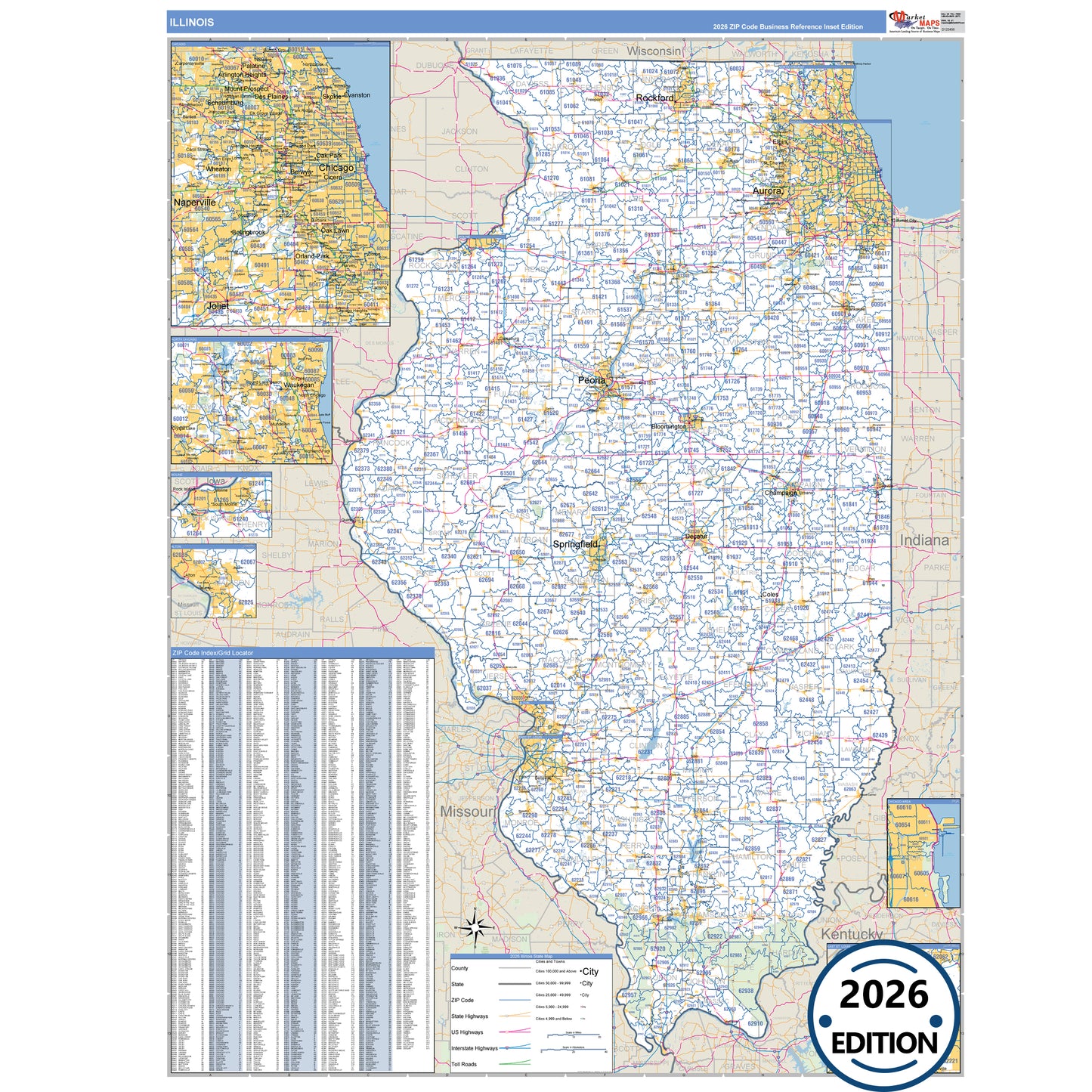 Illinois Business Reference 5 Digit ZIP Code Wall Map