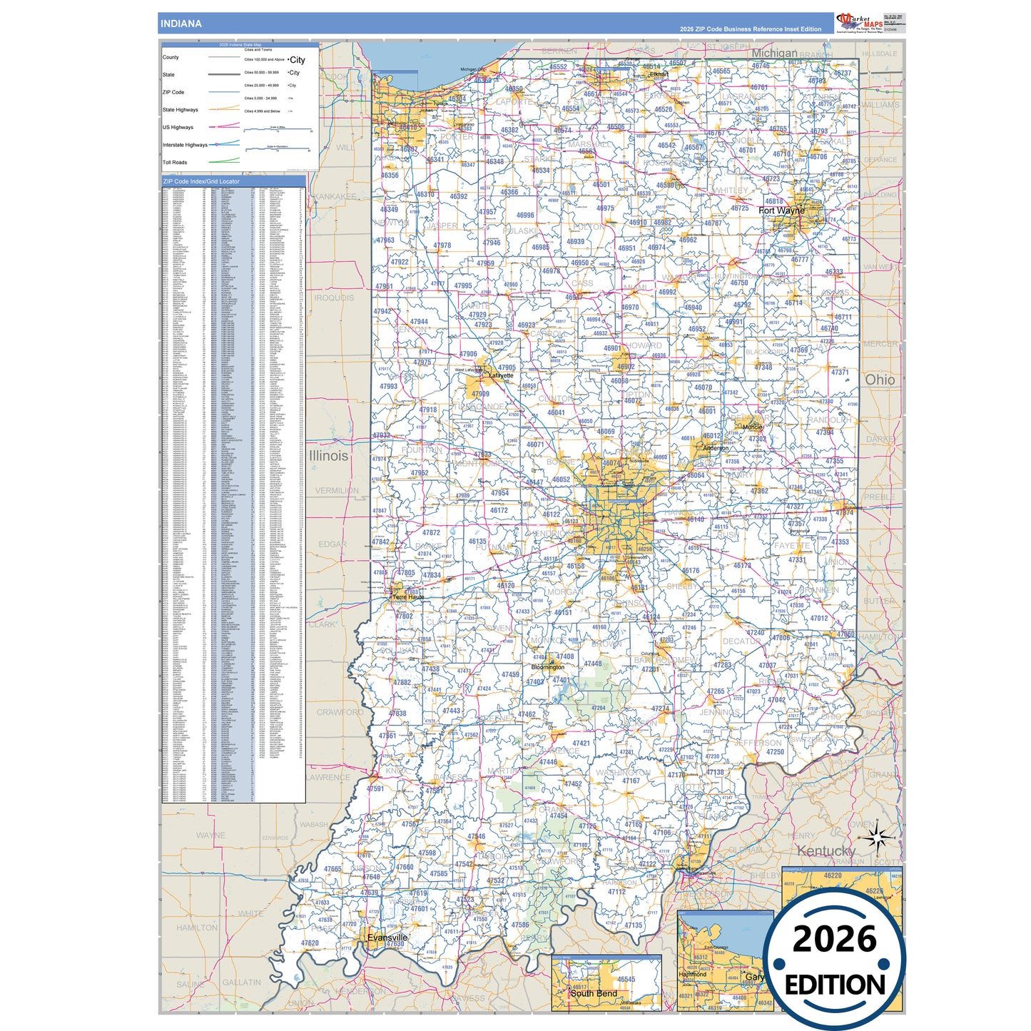 Indiana Business Reference 5 Digit ZIP Code Wall Map