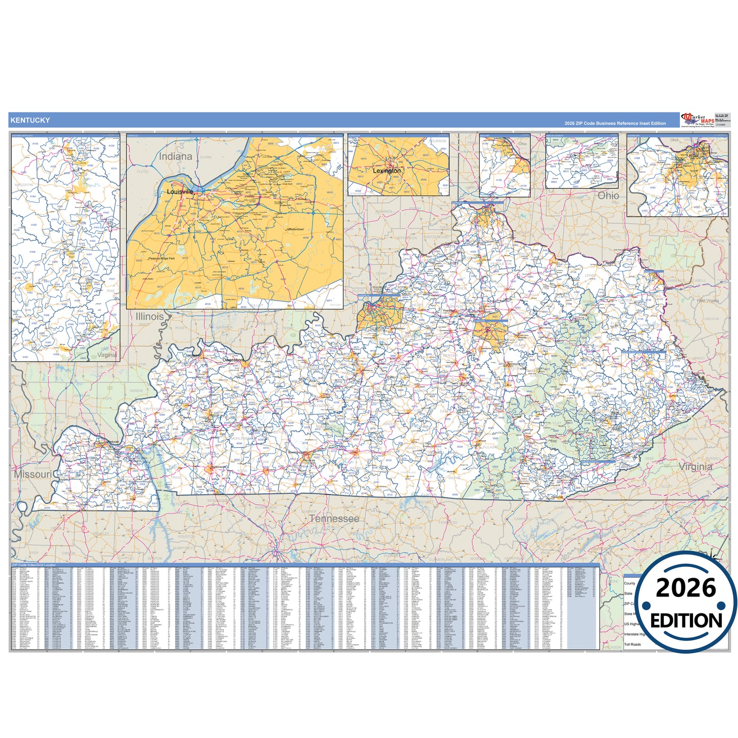 Kentucky Business Reference 5 Digit ZIP Code Wall Map