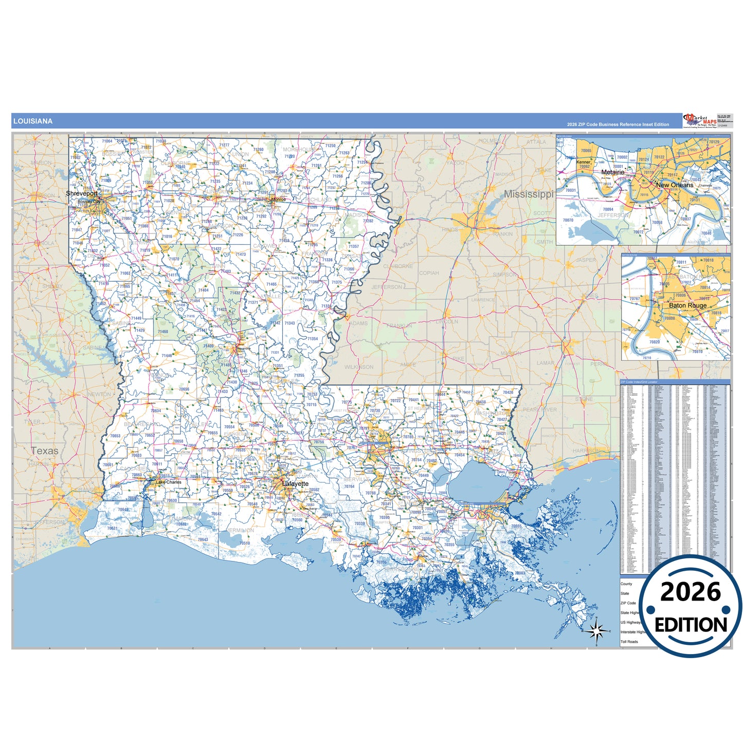 Louisiana Business Reference 5 Digit ZIP Code Wall Map