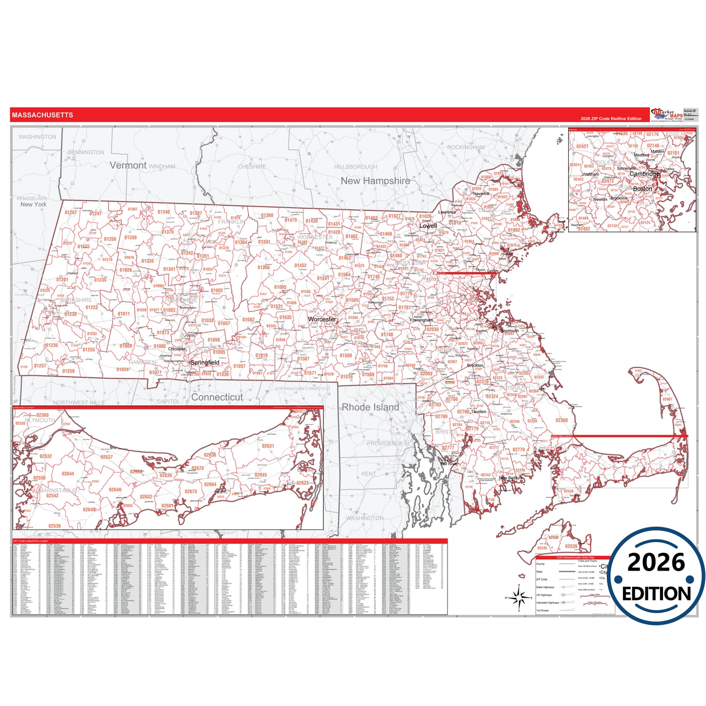 Massachusetts Red Line 5 Digit ZIP Code Wall Map