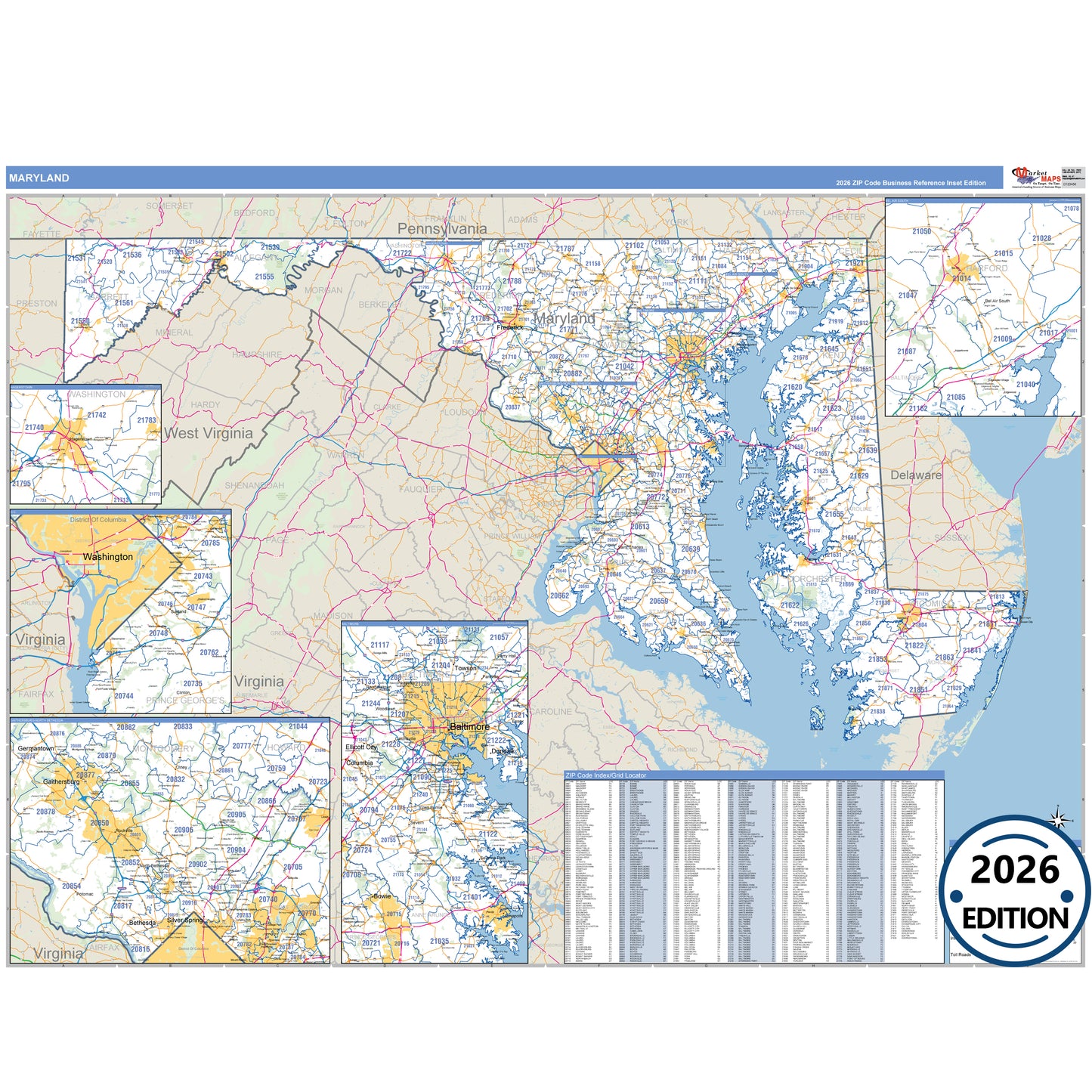 Maryland Business Reference 5 Digit ZIP Code Wall Map