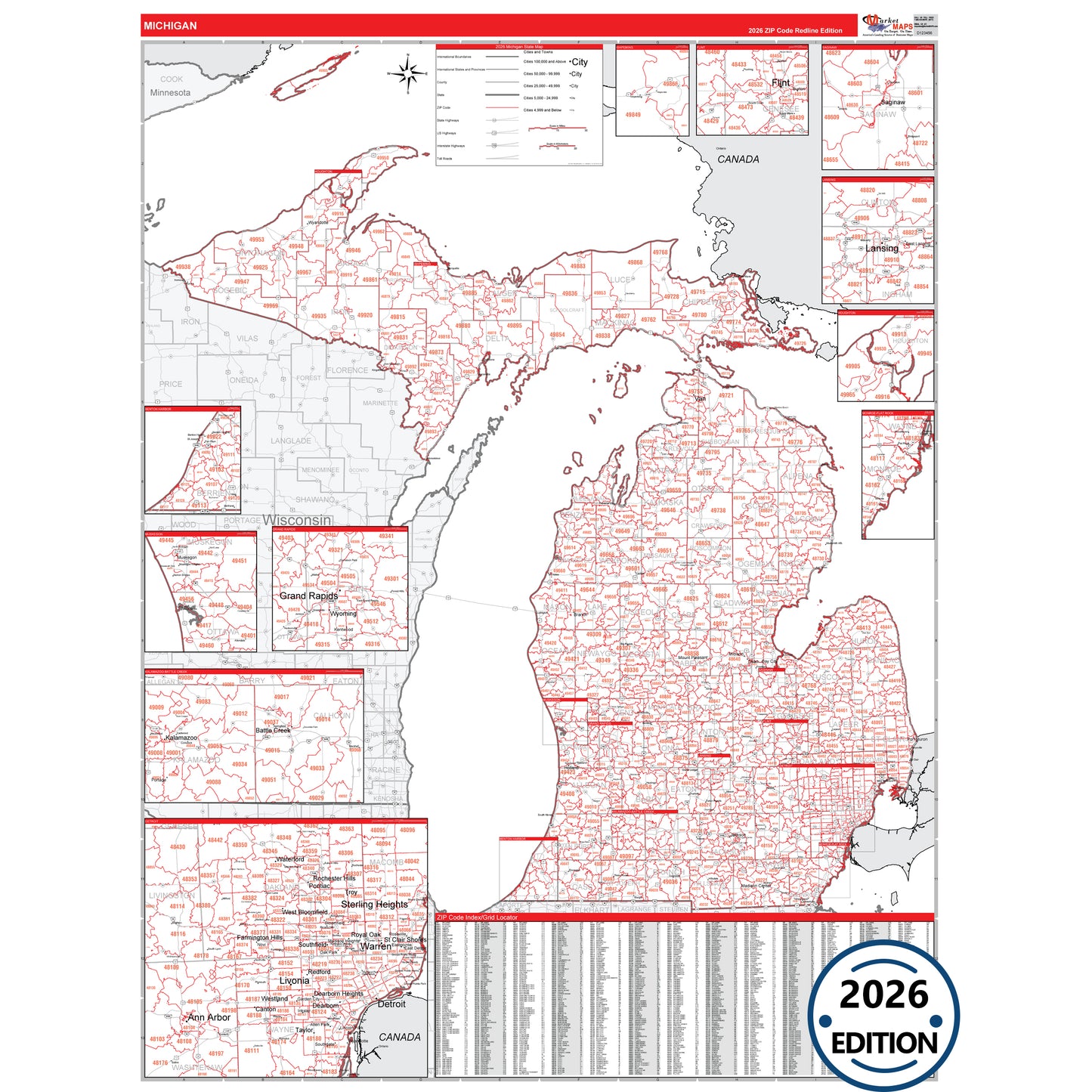 Michigan Red Line 5 Digit ZIP Code Wall Map