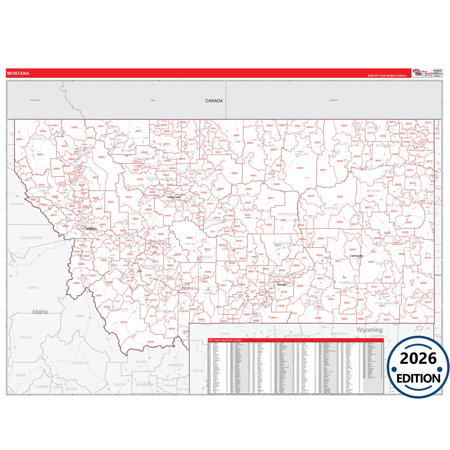 Montana Red Line 5 Digit ZIP Code Wall Map