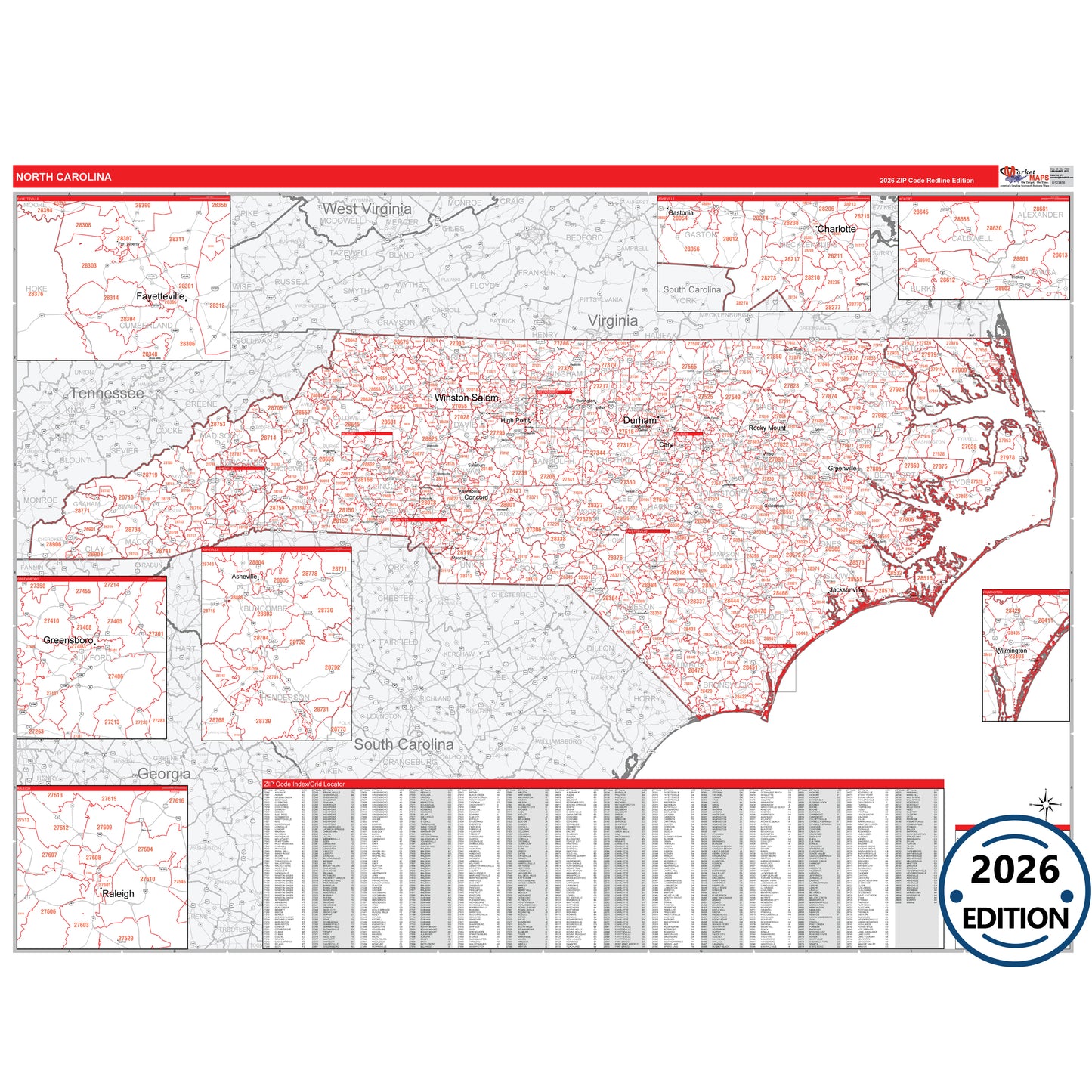 North Carolina Red Line 5 Digit ZIP Code Wall Map