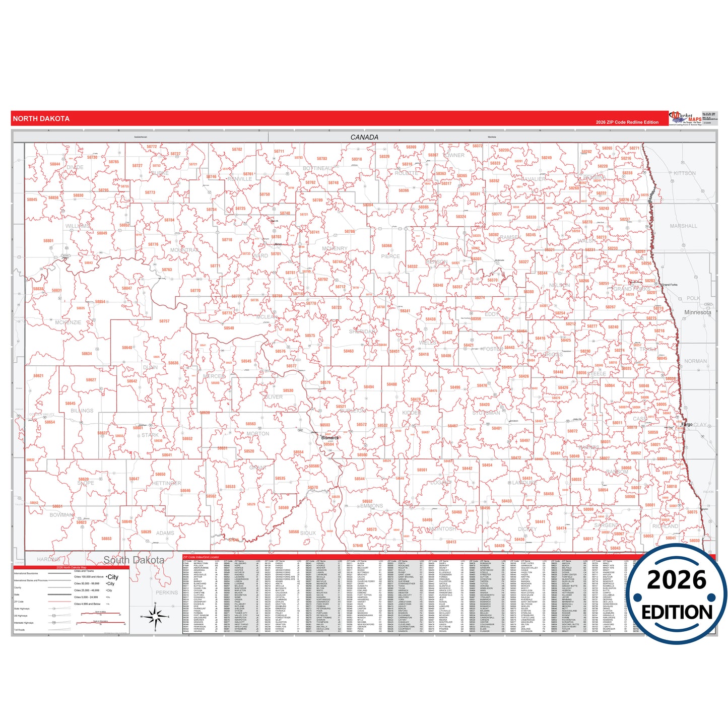 North Dakota Red Line 5 Digit ZIP Code Wall Map
