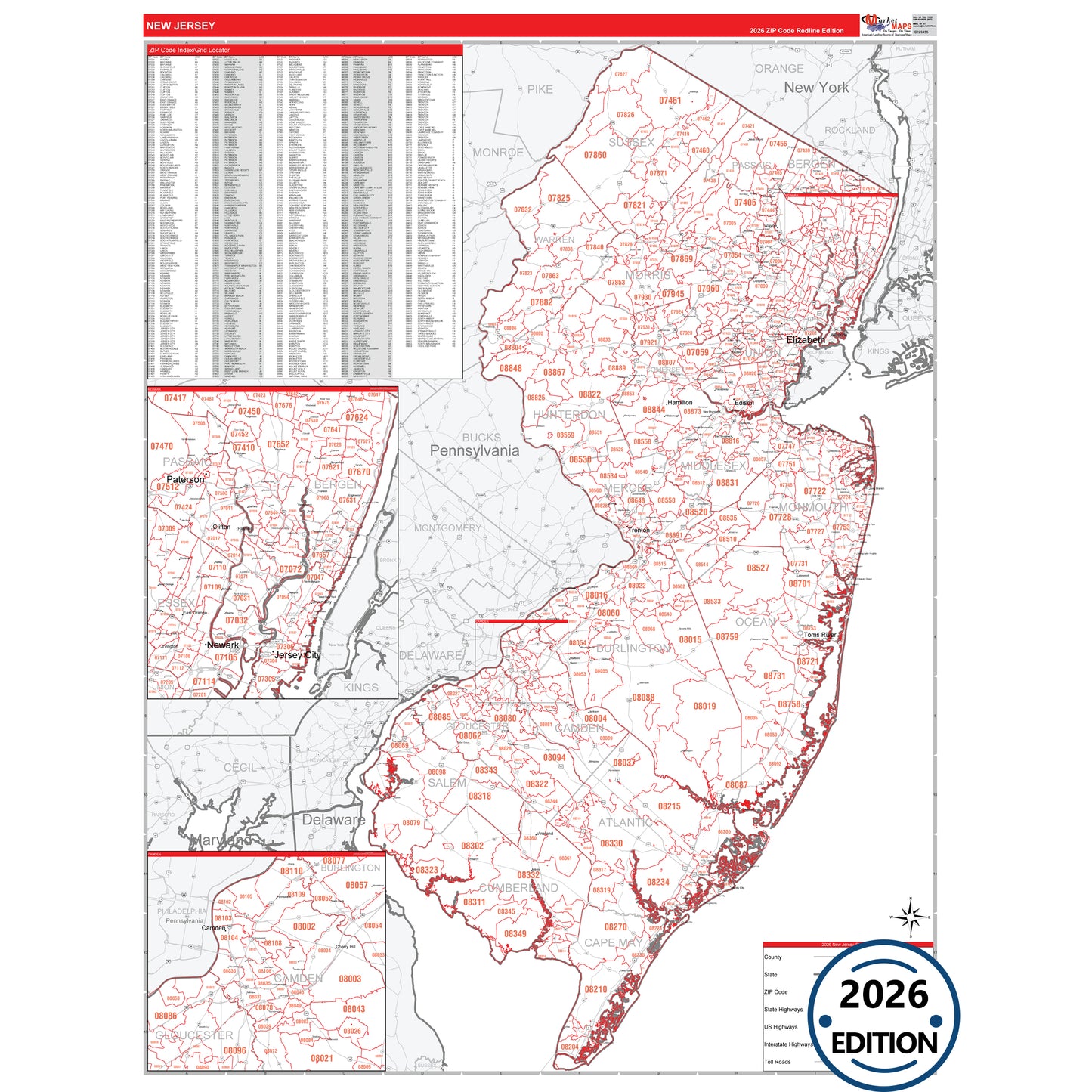 New Jersey Red Line 5 Digit ZIP Code Wall Map