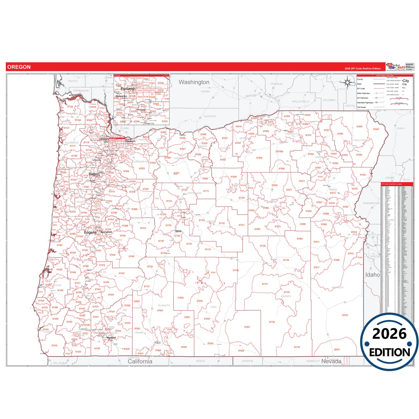 Oregon Red Line 5 Digit ZIP Code Wall Map
