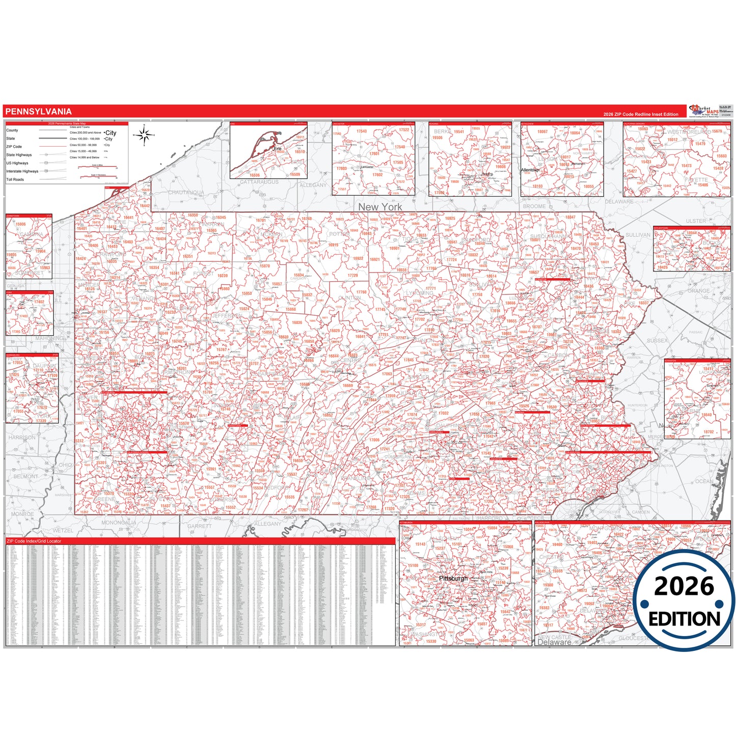 Pennsylvania Red Line 5 Digit ZIP Code Wall Map