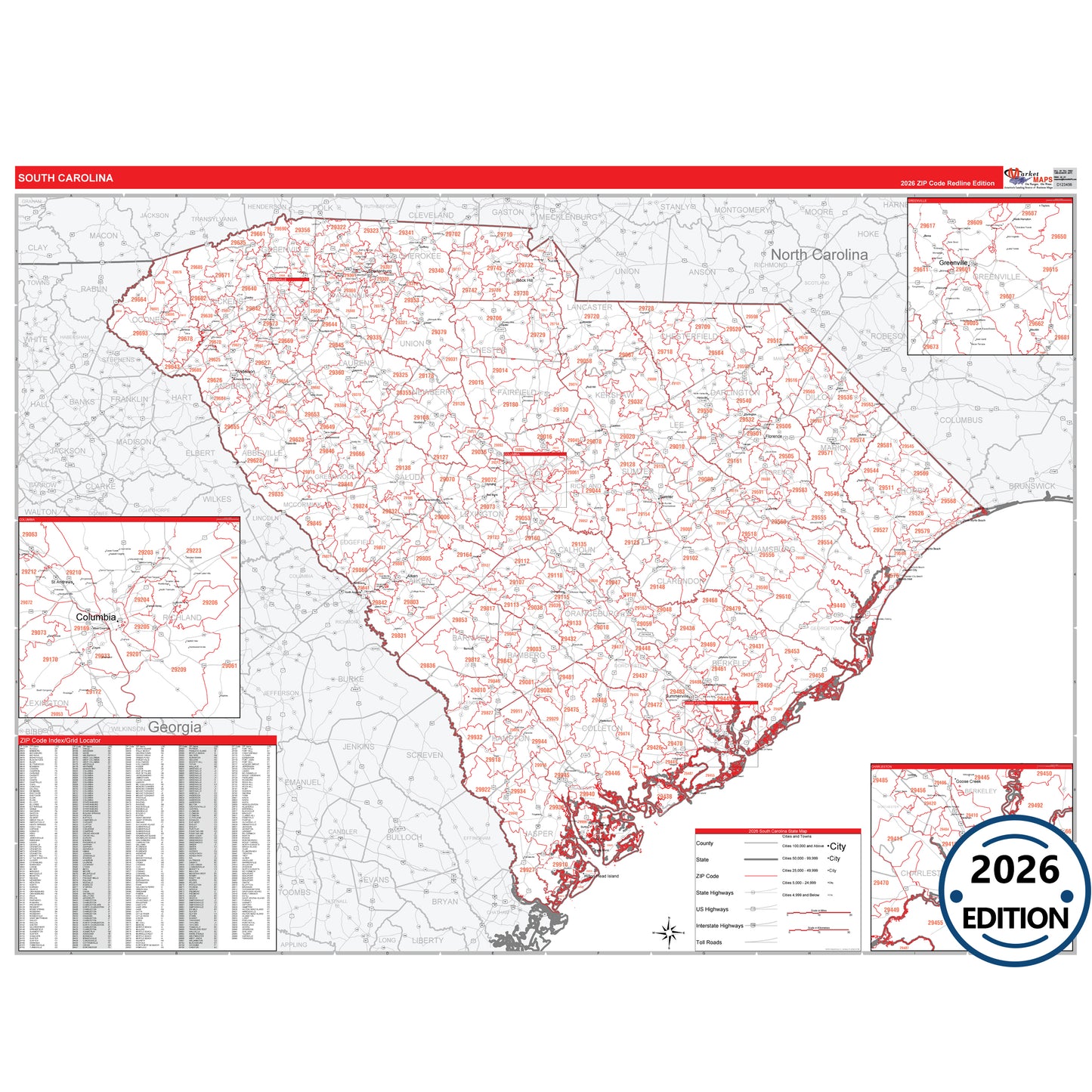 South Carolina Red Line 5 Digit ZIP Code Wall Map