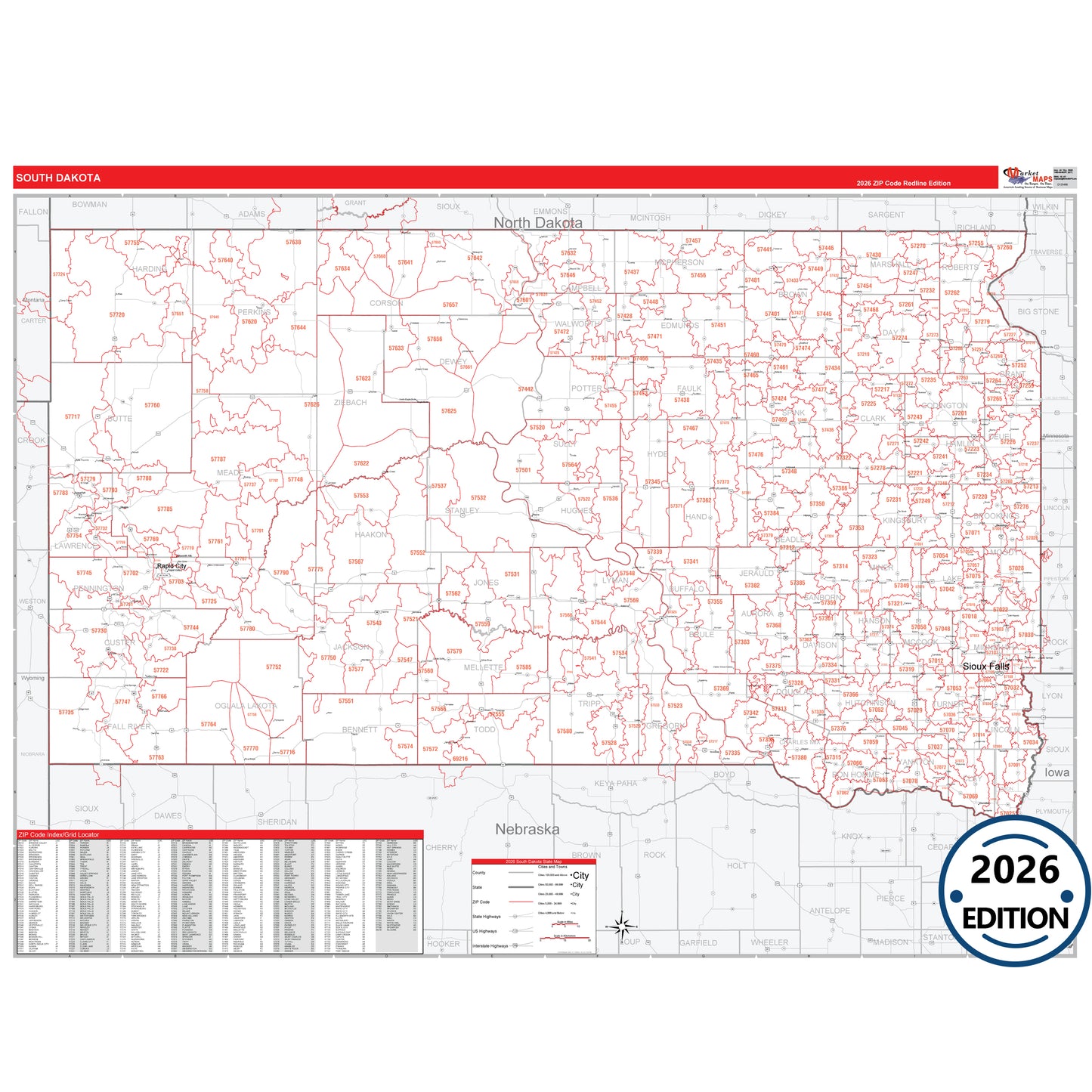 South Dakota Red Line 5 Digit ZIP Code Wall Map