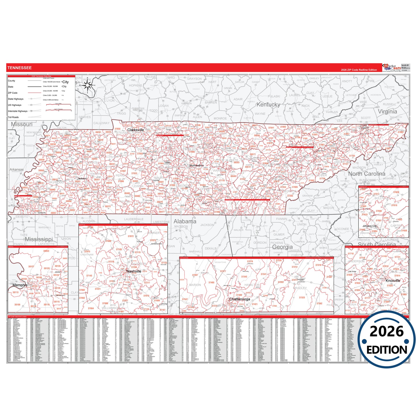 Tennessee Red Line 5 Digit ZIP Code Wall Map