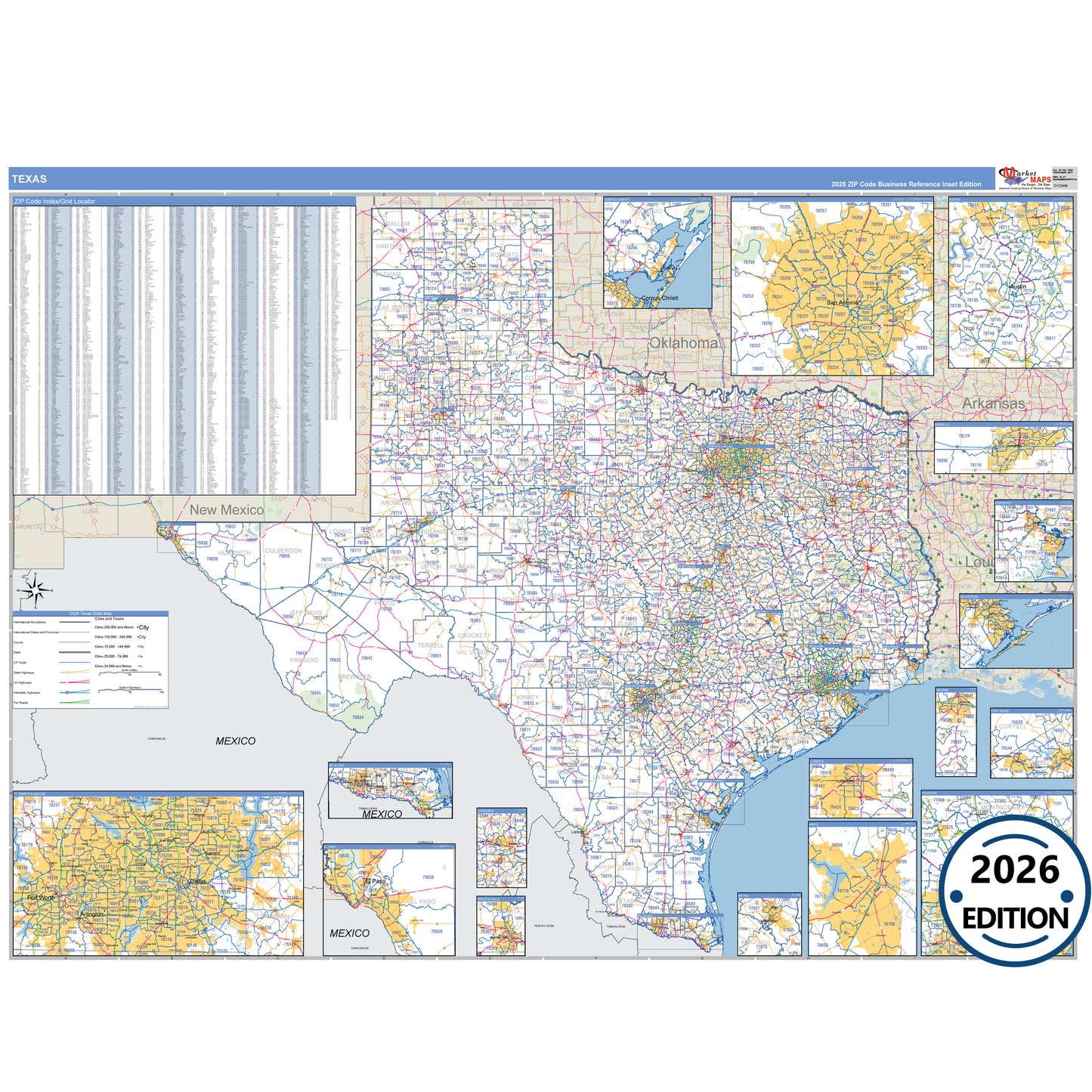Texas Business Reference 5 Digit ZIP Code Wall Map