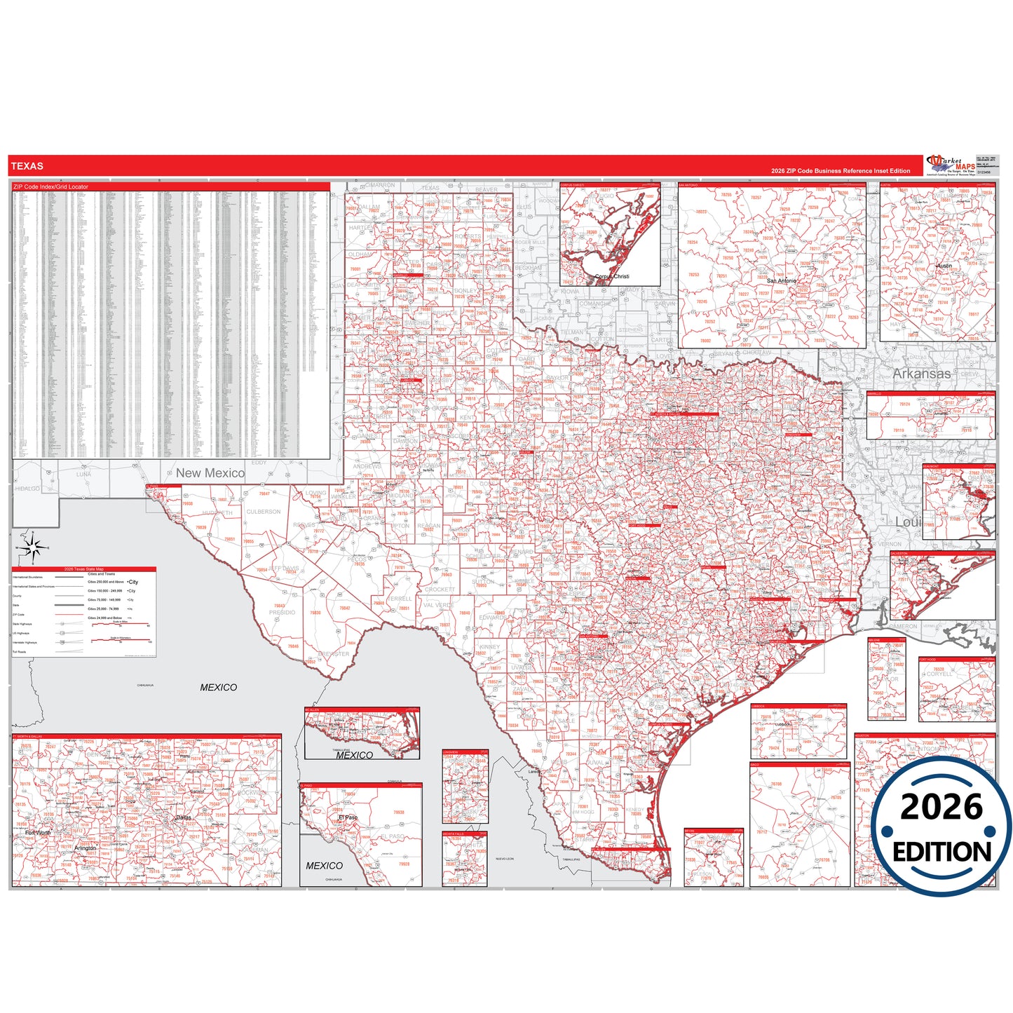 Texas Red Line 5 Digit ZIP Code Wall Map