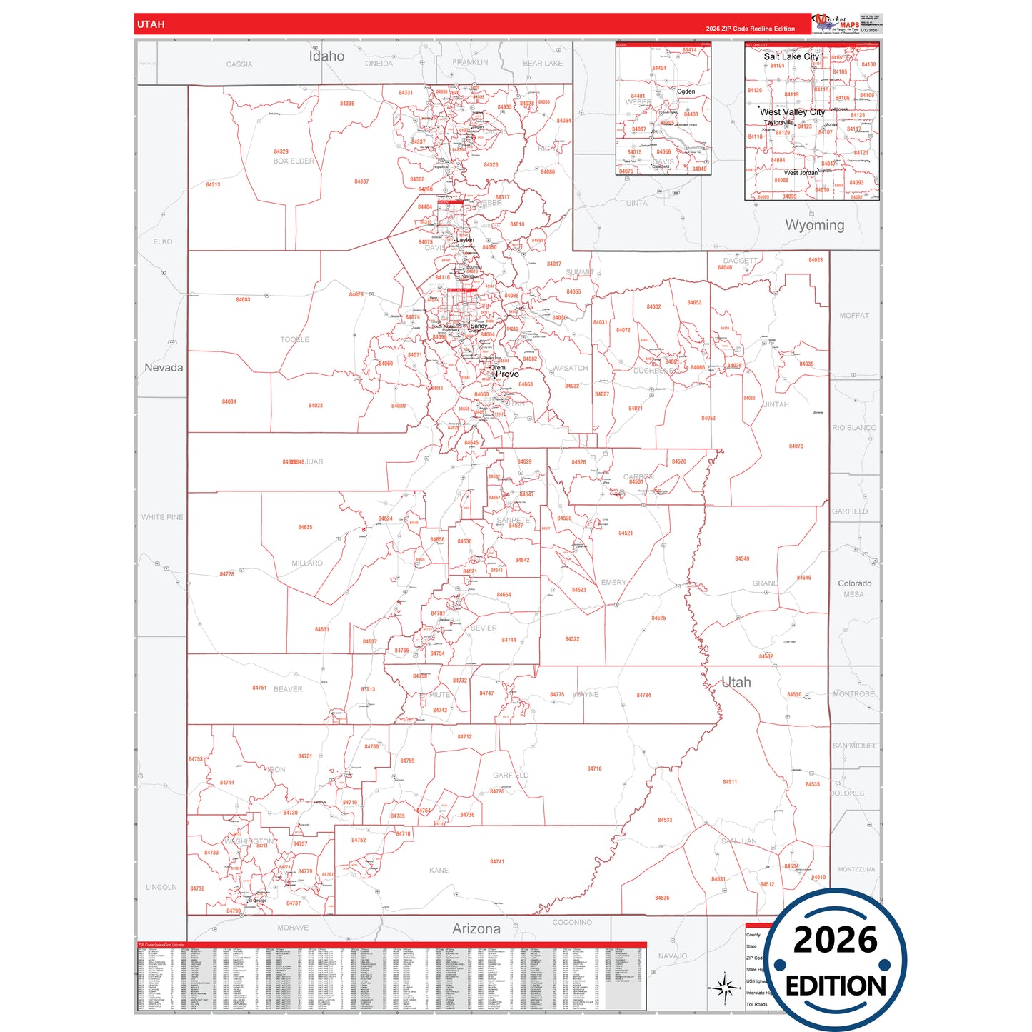 Utah Red Line 5 Digit ZIP Code Wall Map