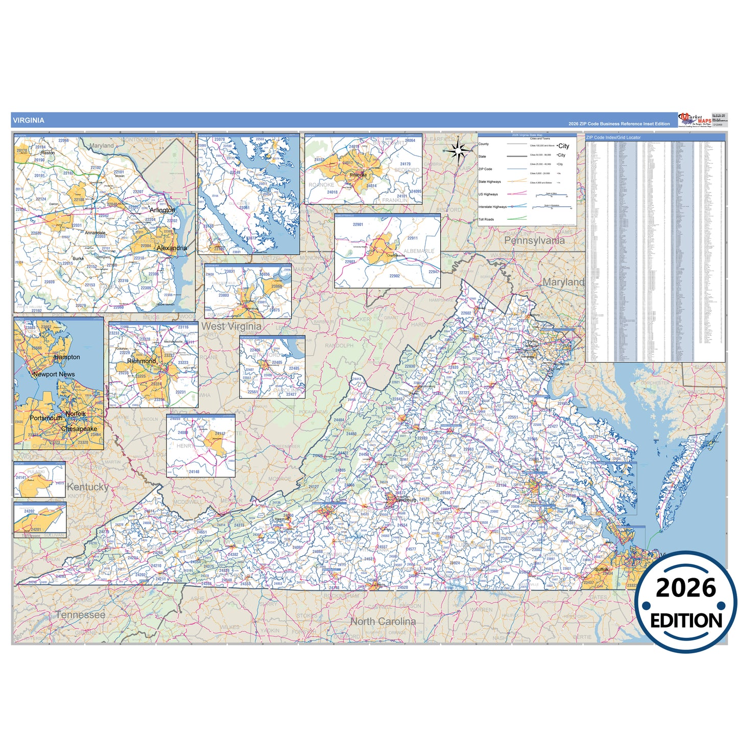 Virginia Business Reference 5 Digit ZIP Code Wall Map