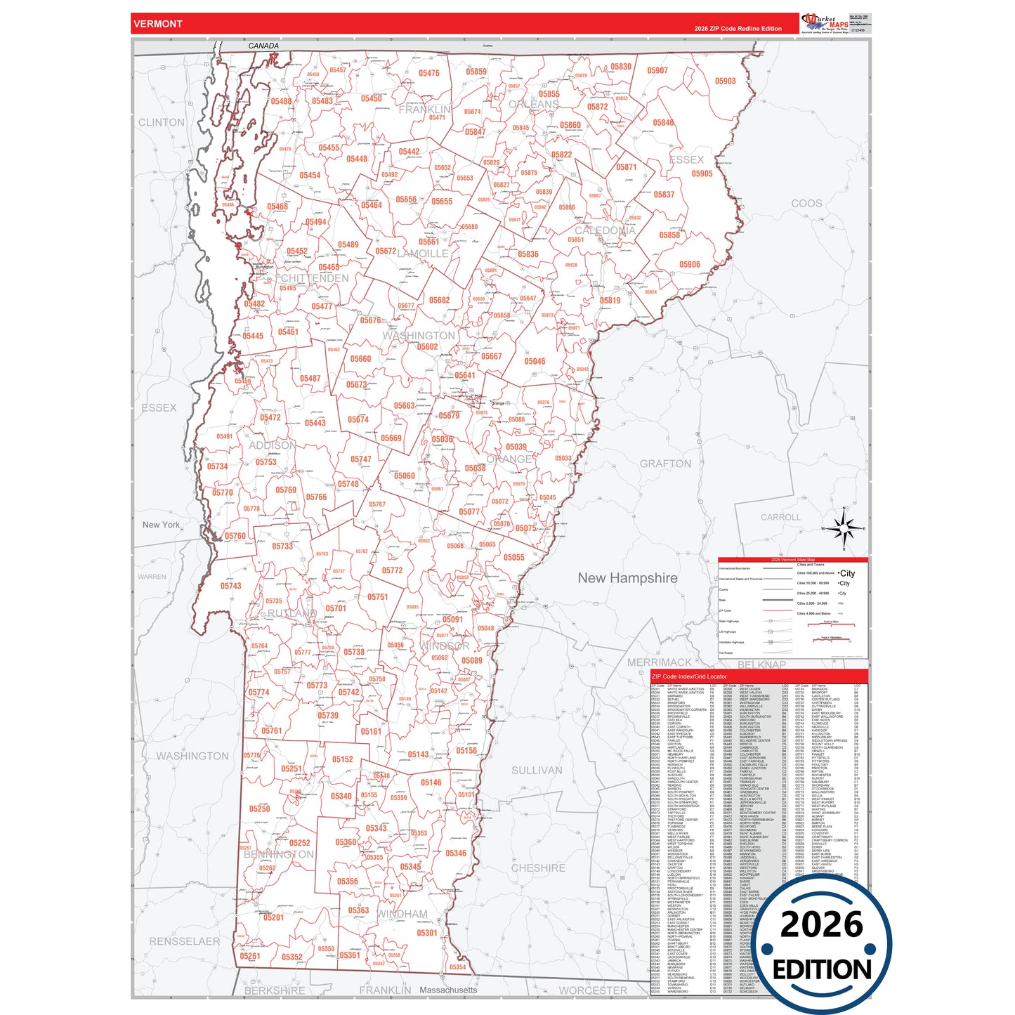 Vermont Red Line 5 Digit ZIP Code Wall Map