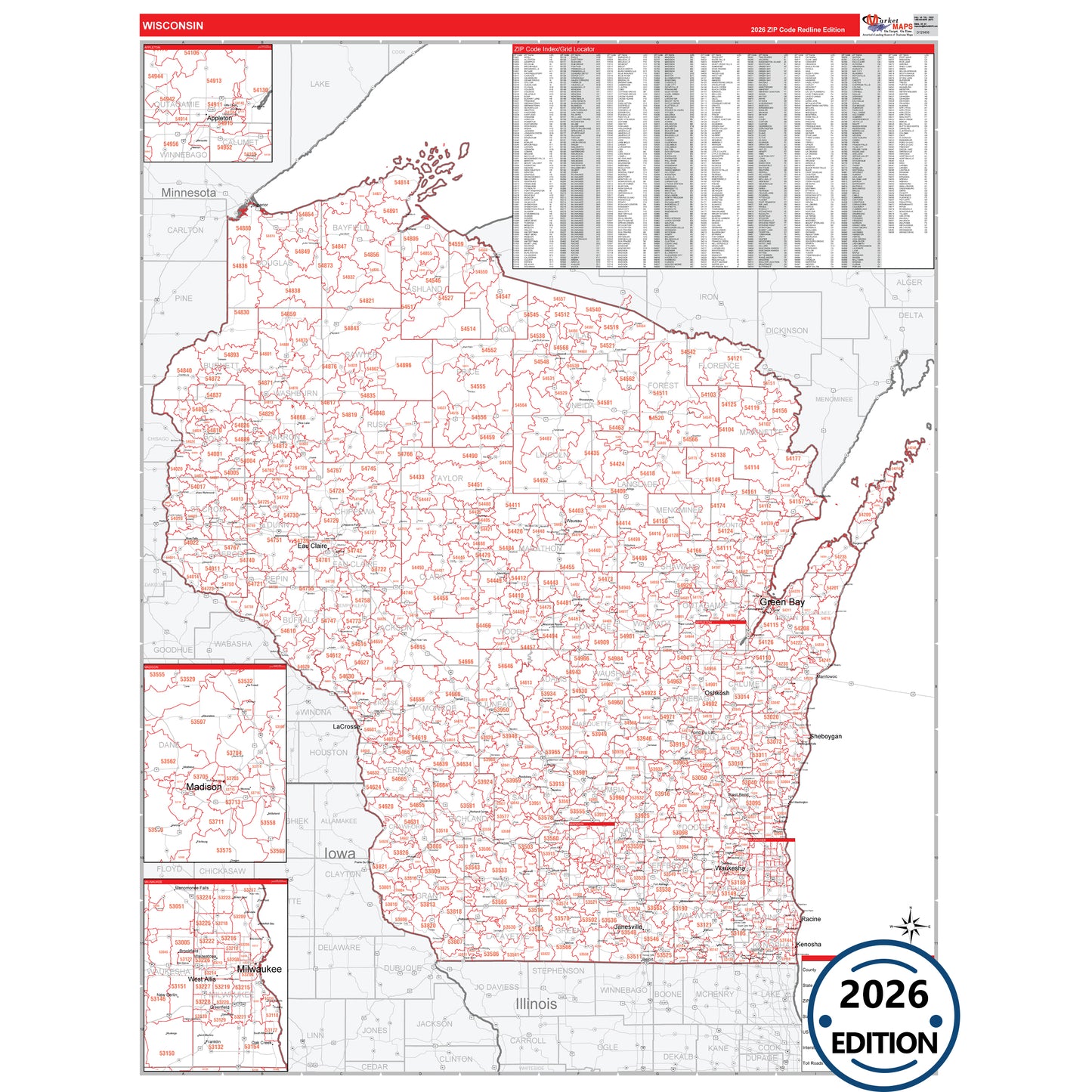 Wisconsin Red Line 5 Digit ZIP Code Wall Map