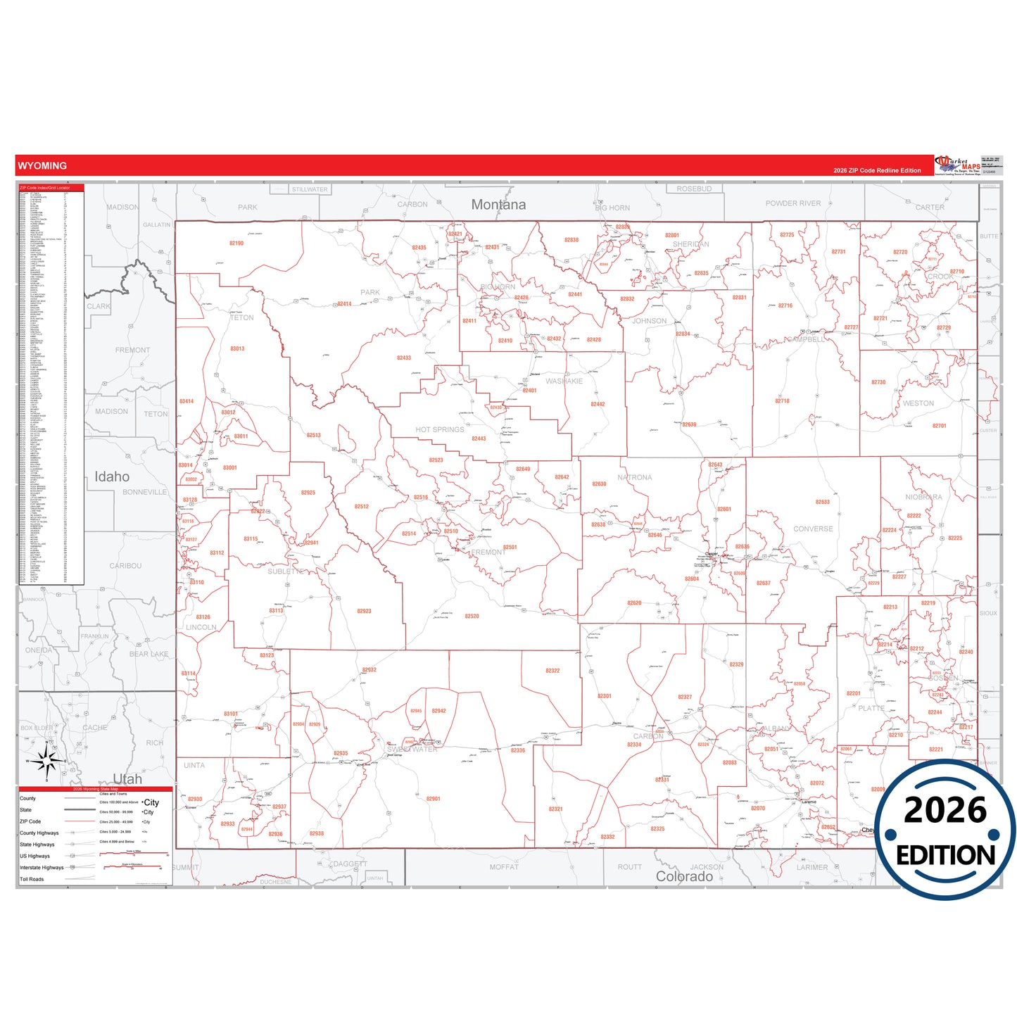 Wyoming Red Line 5 Digit ZIP Code Wall Map